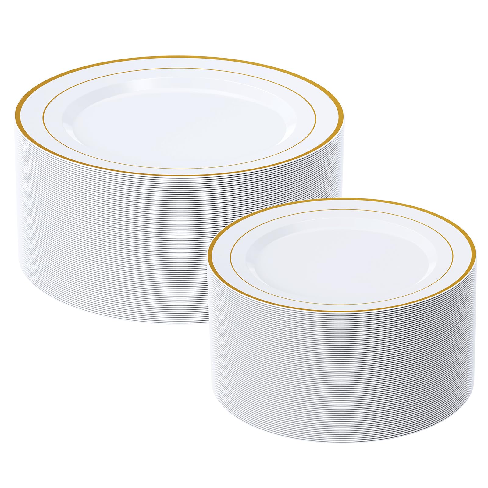Etokfoks  White Gold Family Disposable Plastic Plates Tableware Set Elegant Party Plates with Gold Rim 60 Piece Per Case