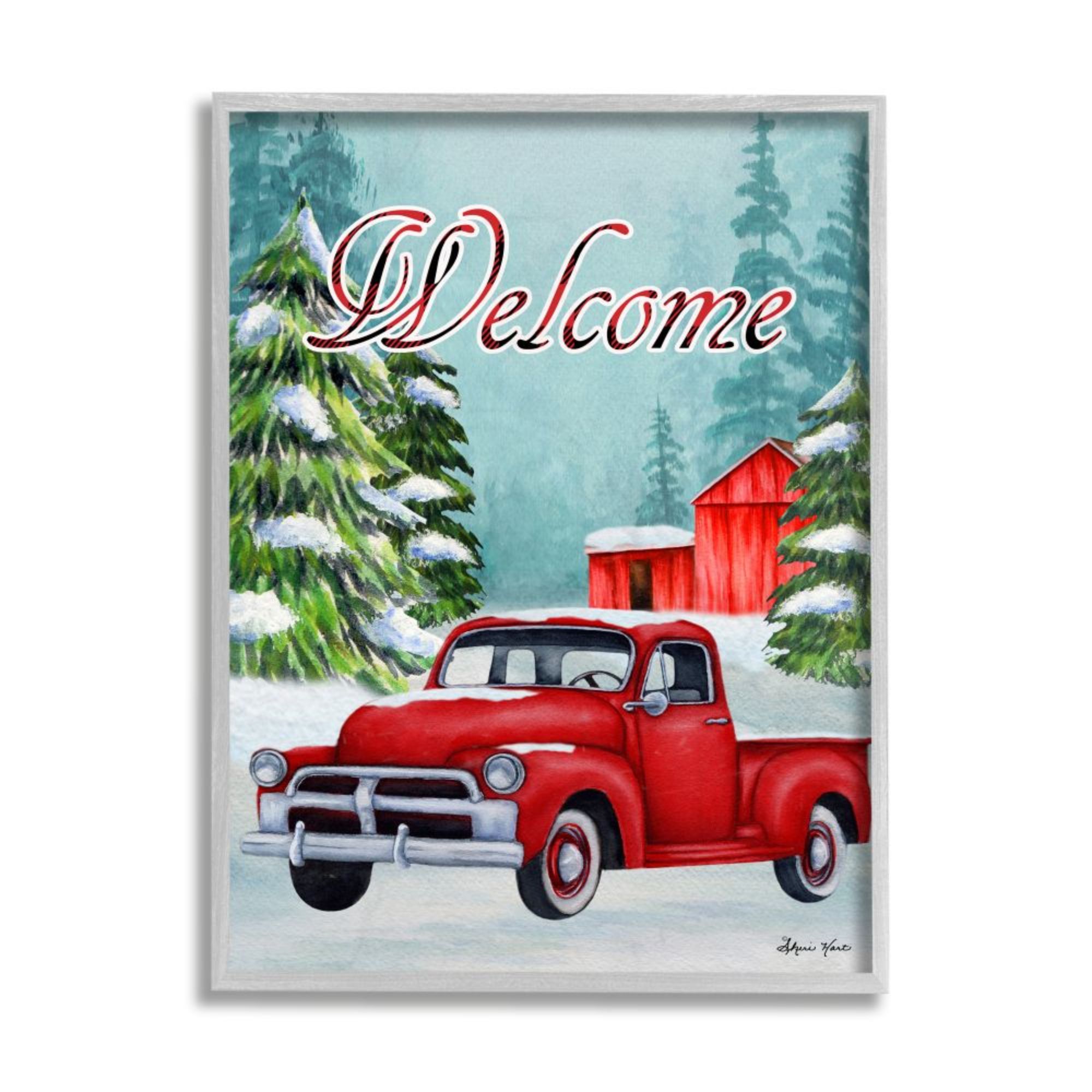Stupell Industries AC-319-GFF-11X14 Winter Welcome Sign Red Truck Snow Barn Sheri Hart Framed 14-in H x 11-in W Country Print