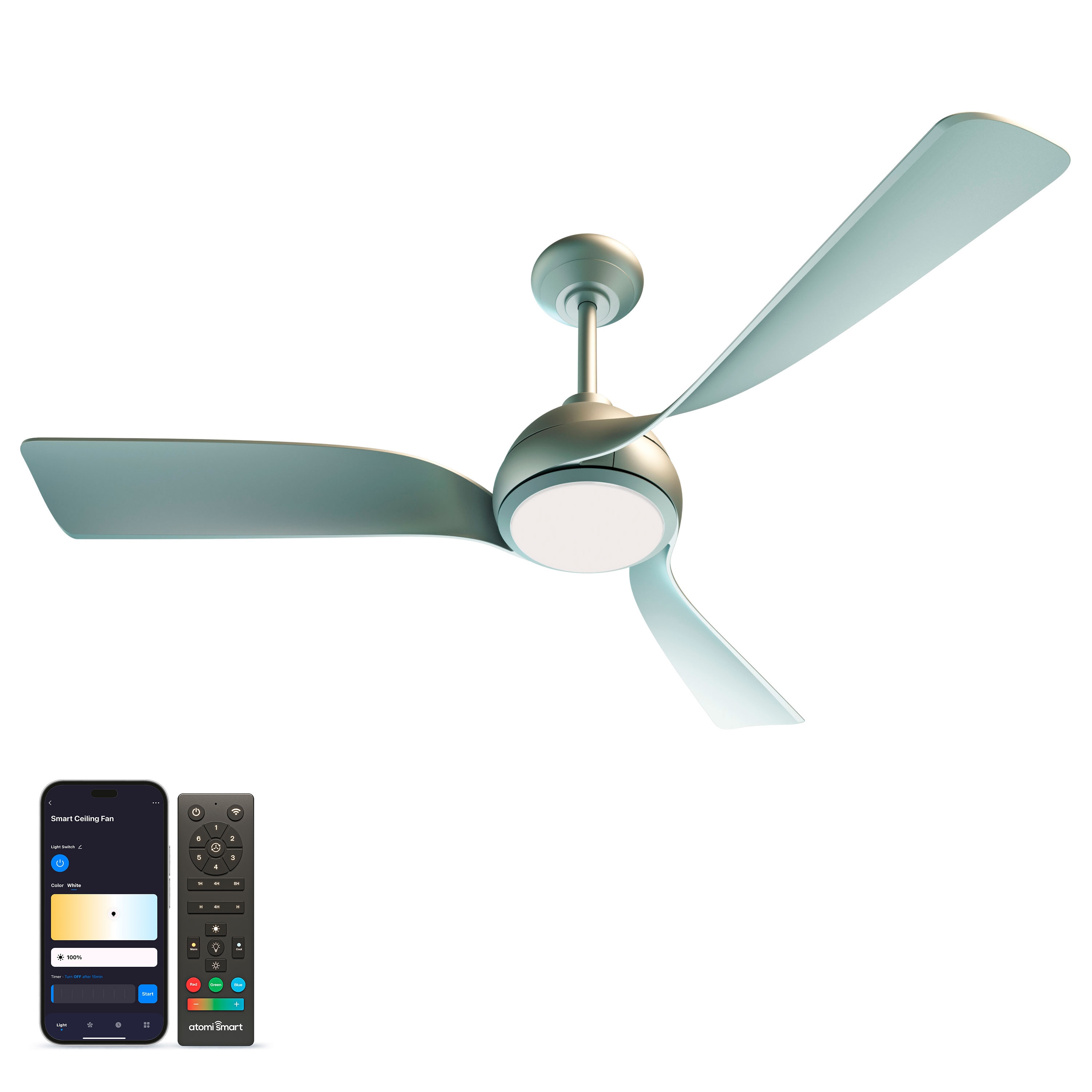 atomi smart AT2663-BS Flora 52-in Color-Changing Integrated LED Smart Metallic Silver with Metallic Silver Blades Ceiling Fan With Light - Remote Included ( 3 -Blade )