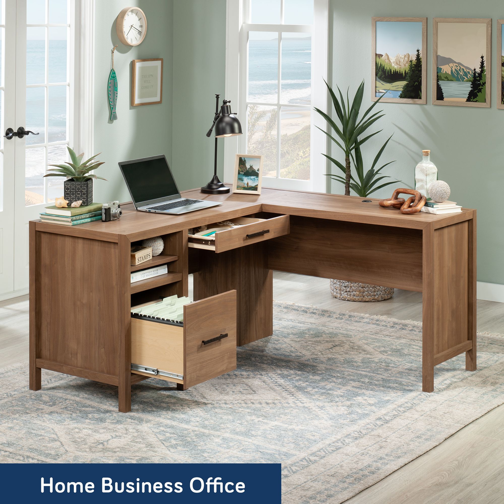 Sauder Pacific View L Desk Saddle Walnut finish in the Desks