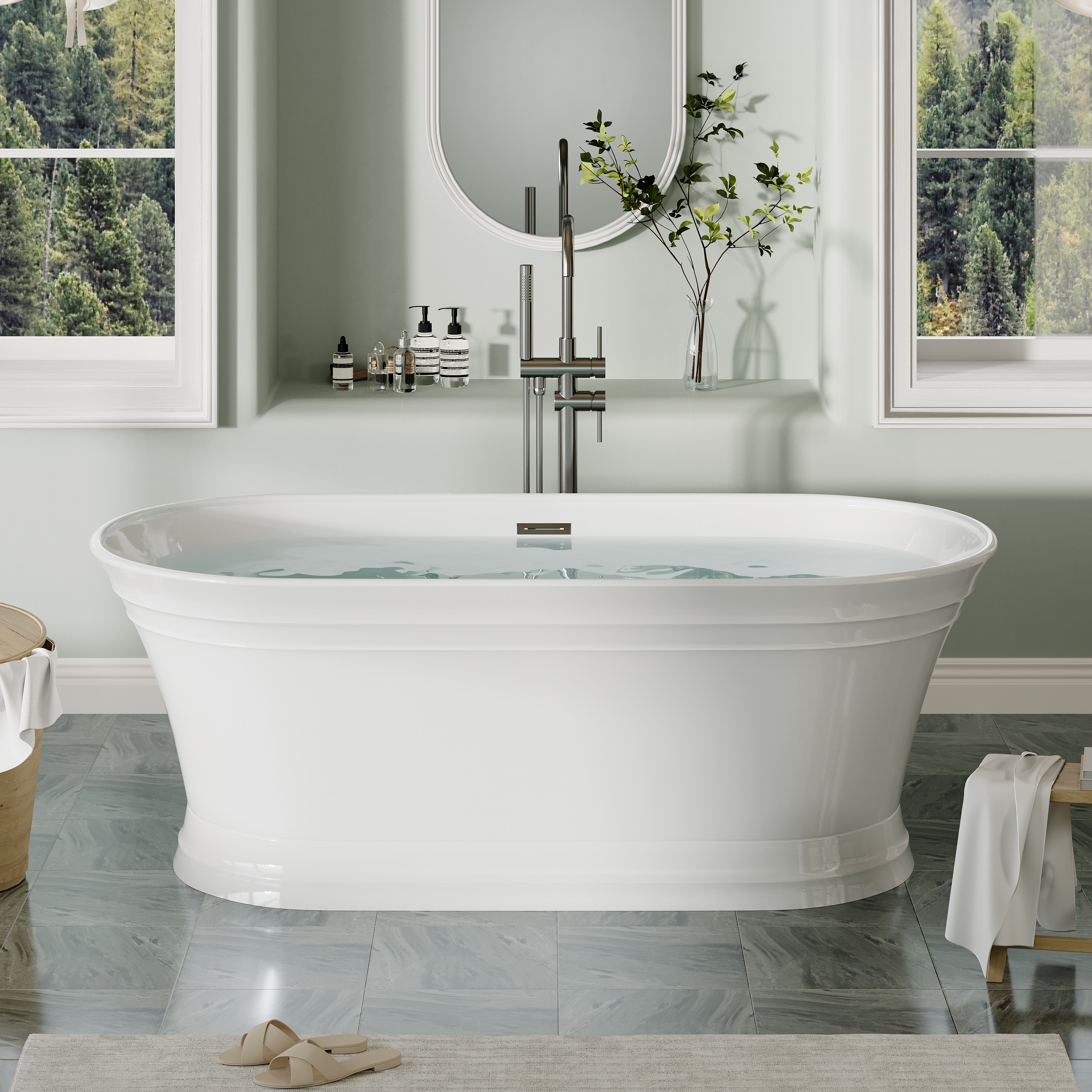 Forclover CLR-P203352 CBR Acrylic Freestanding Soaking Bathtub 31.5-in x 67.91-in White Acrylic Oval Freestanding Soaking Bathtub with Drain ( Center Drain )