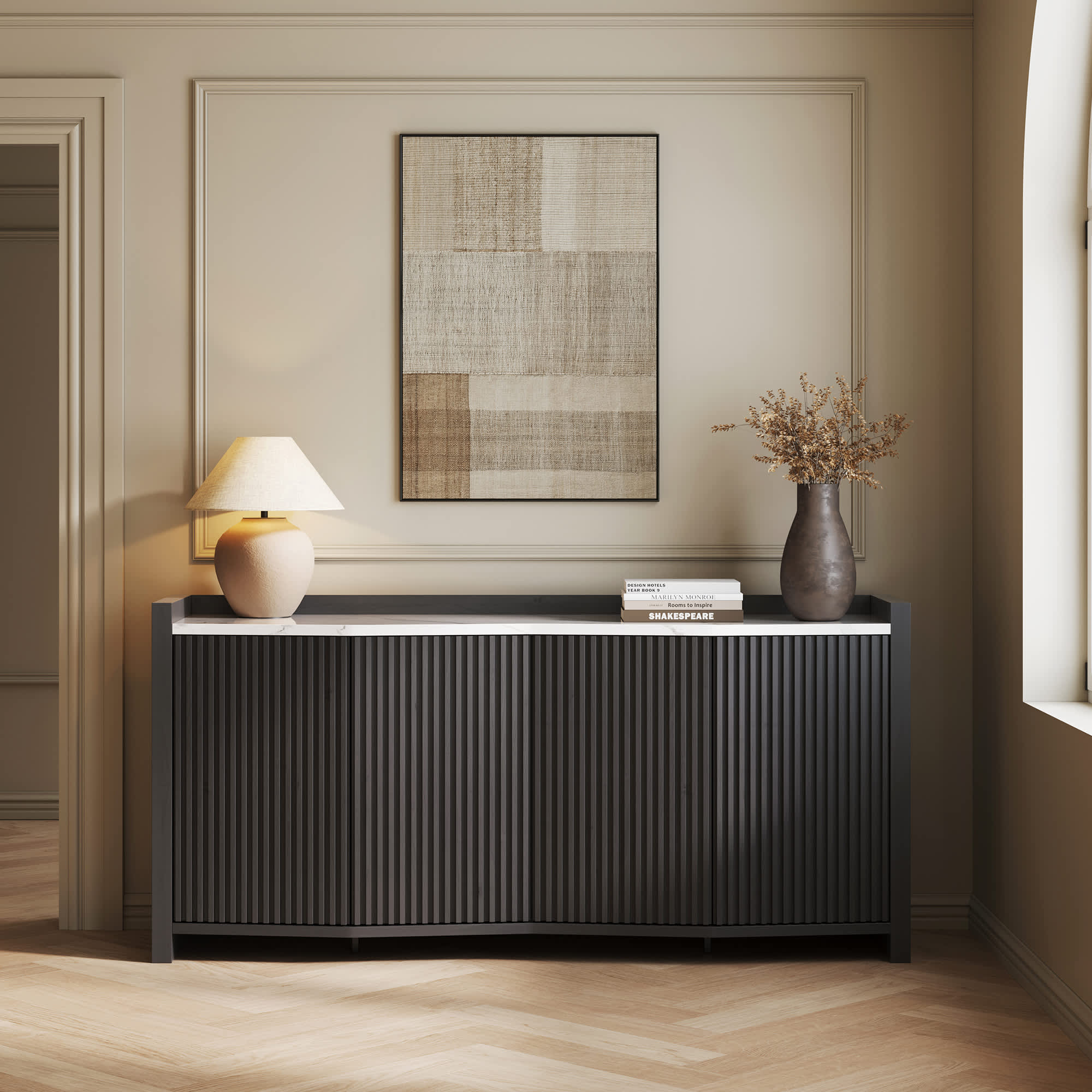 Belleze 014-HG-40017-EB Buffet Cabinet with Storage 66 Inch Accent Sideboard with Adjustable Shelves