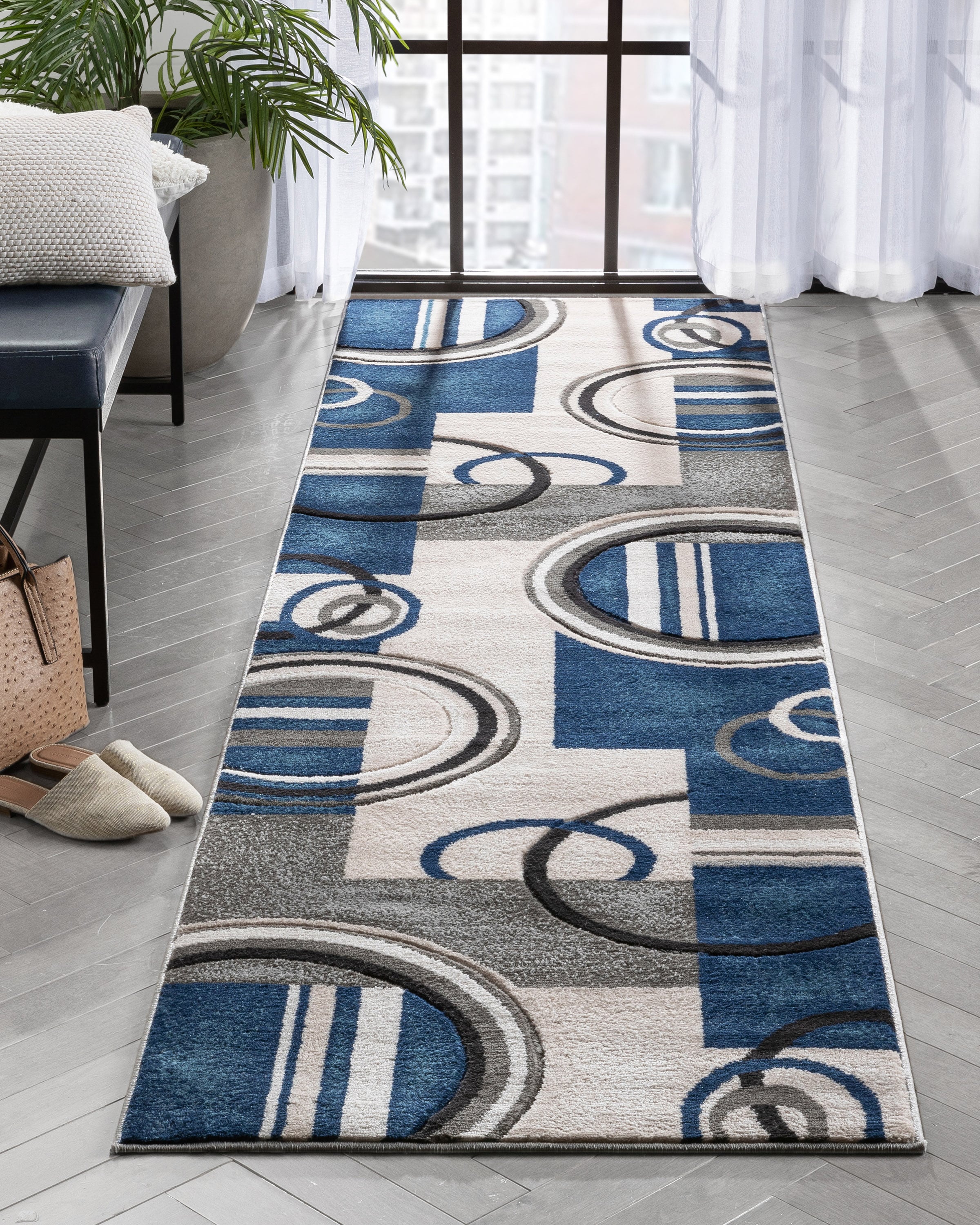 Dark Blue Geometric Synthetic Runner Rug
