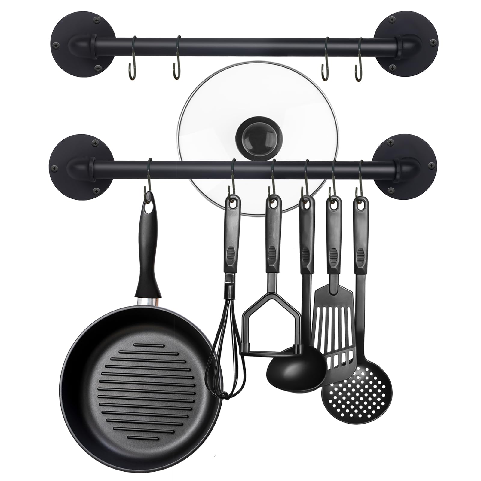 UUDULY  21 Inch Wall Mounted Pot and Pan Rack Set of 2 Heavy Duty Iron Pipe Kitchen Hanging Rail with 10 S Hooks for Utensils Pots Pans and Lids