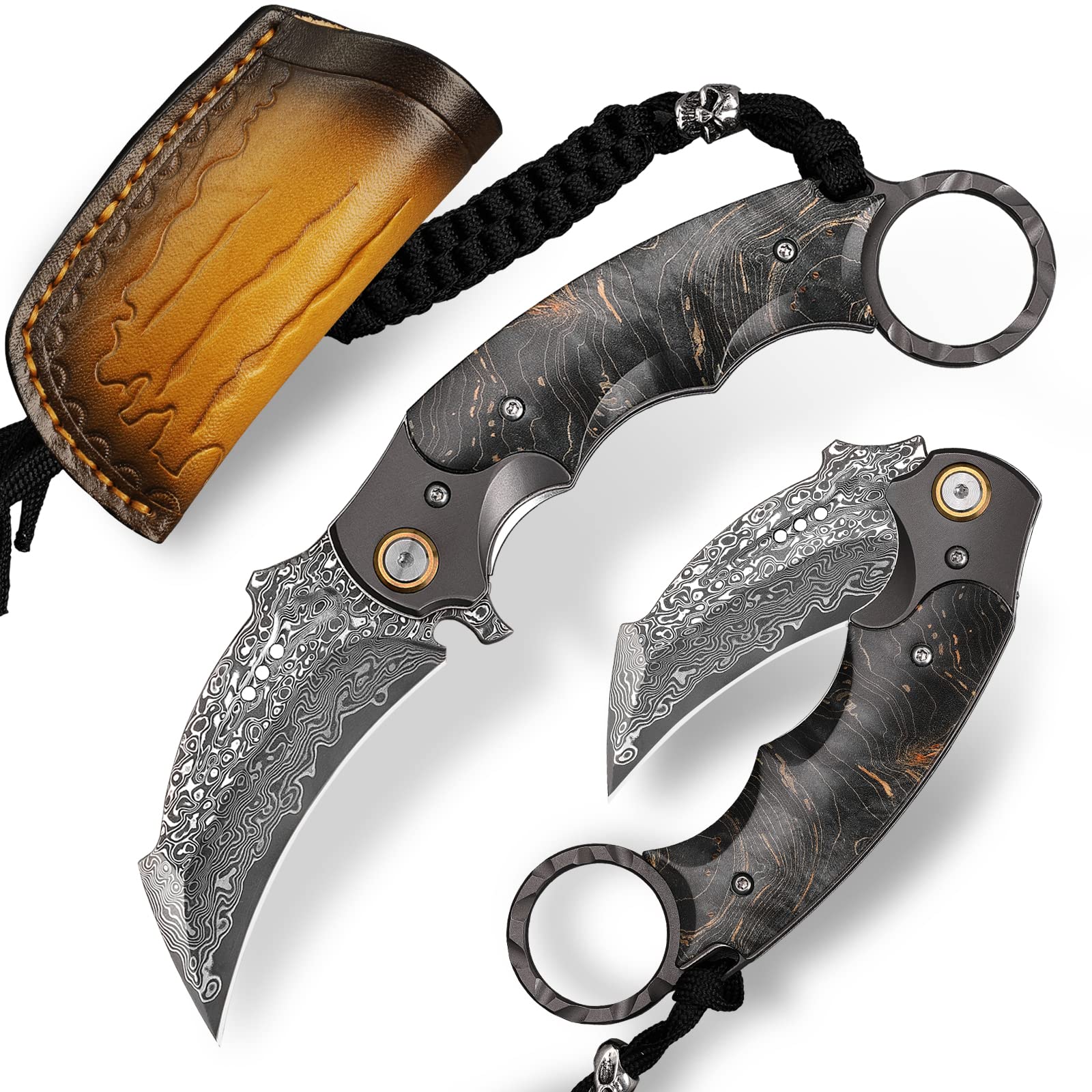 Linder Group Inc Damascus Steel Folding Pocket Knife with 2 Point 8 Inch Claw Blade Wooden Handle Lining Lock Cowhide Sheath Pocket Clip for Outdoor Survival #L3CP3VPD