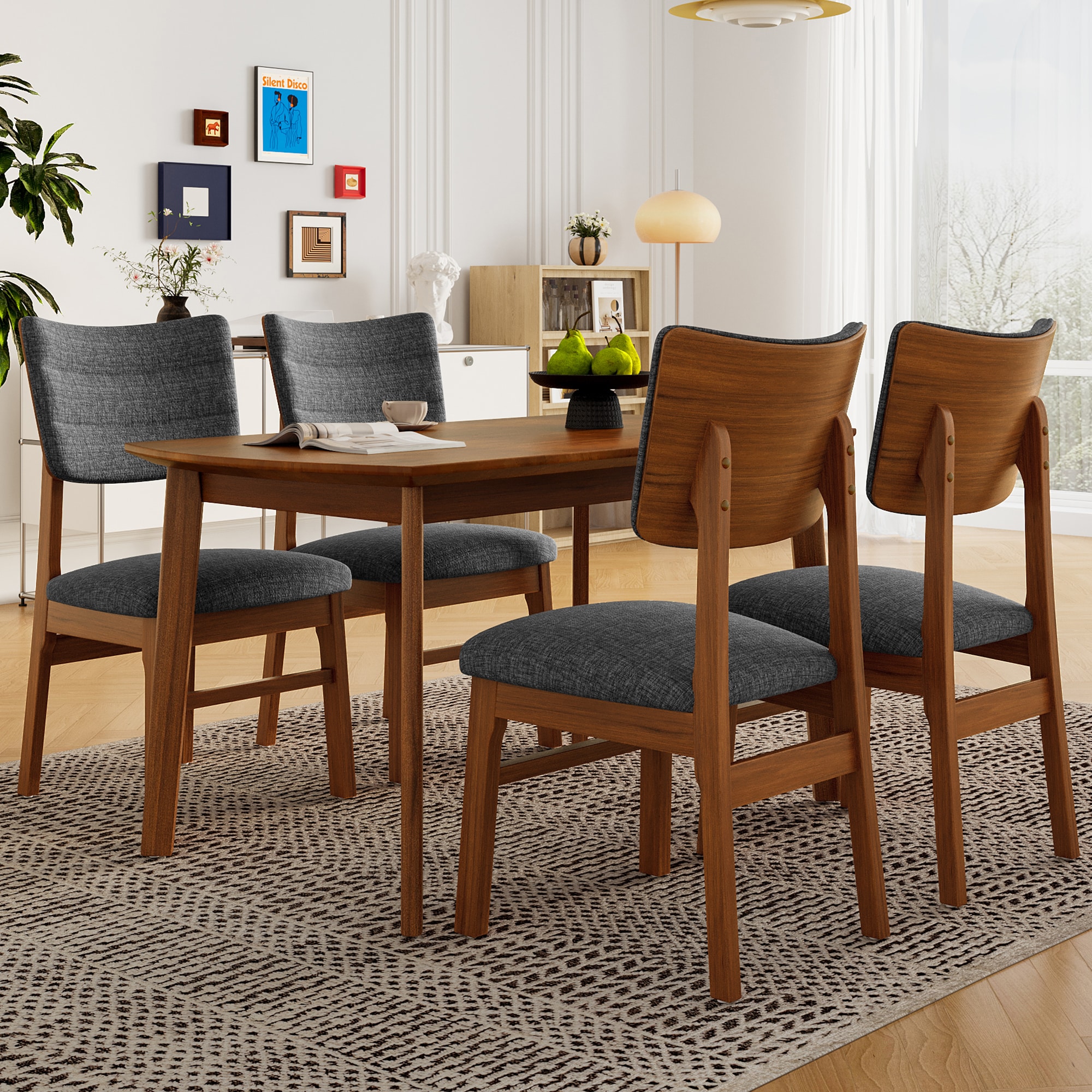 LOVMOR SF-R-N752S000016D Mid-century Modern Dining Table Set for 4 Solid Wood Dining Table and Solid Wood Chairs 5 Piece Farmhouse Dining Table and 4 Upholstered Chairs for Home Kitchen Apartment Space Saving