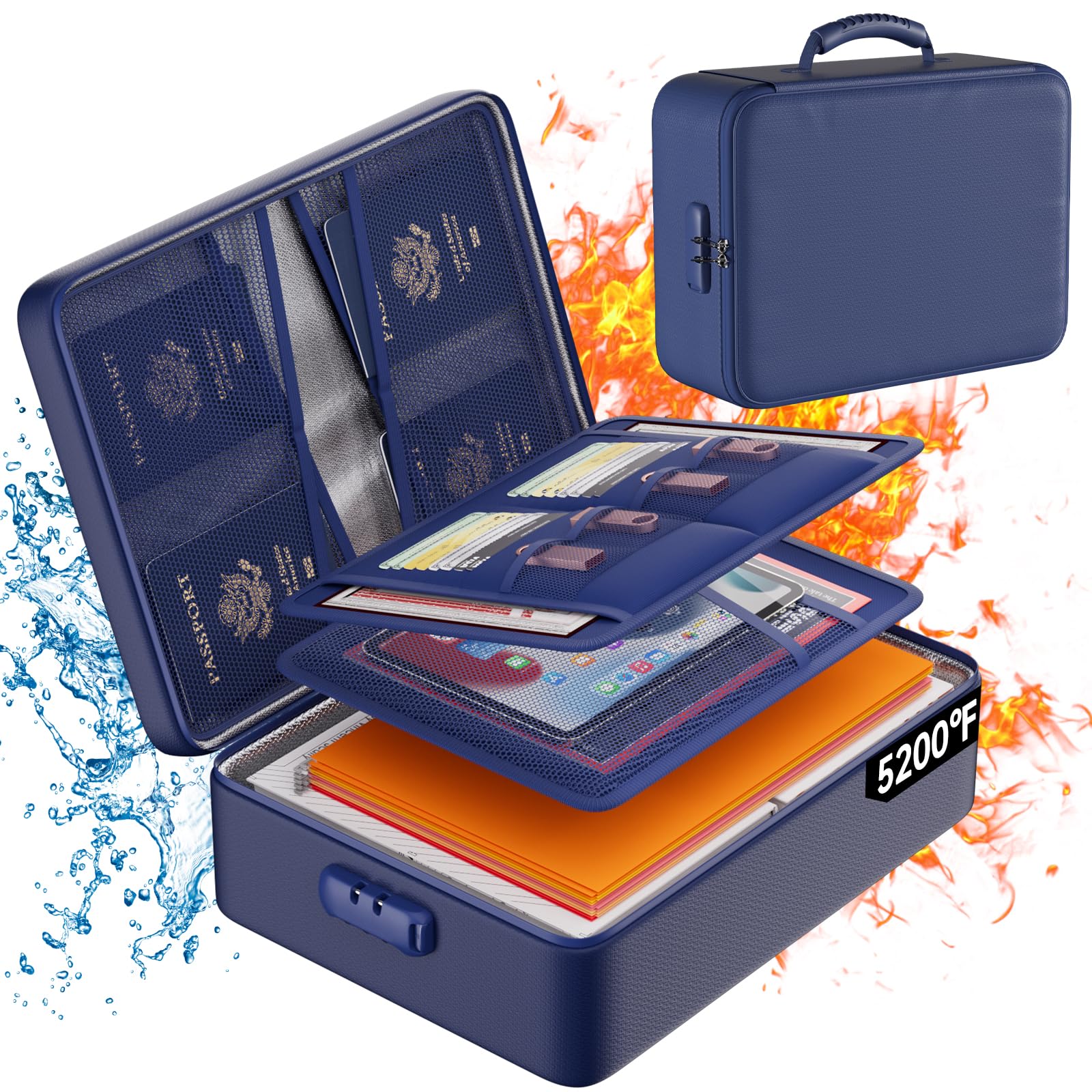 KIWDZFU  5200F Fireproof Water Resistant Document Organizer with Lock Eight Layer File Storage Box Portable Soft Blue Large Capacity for Home