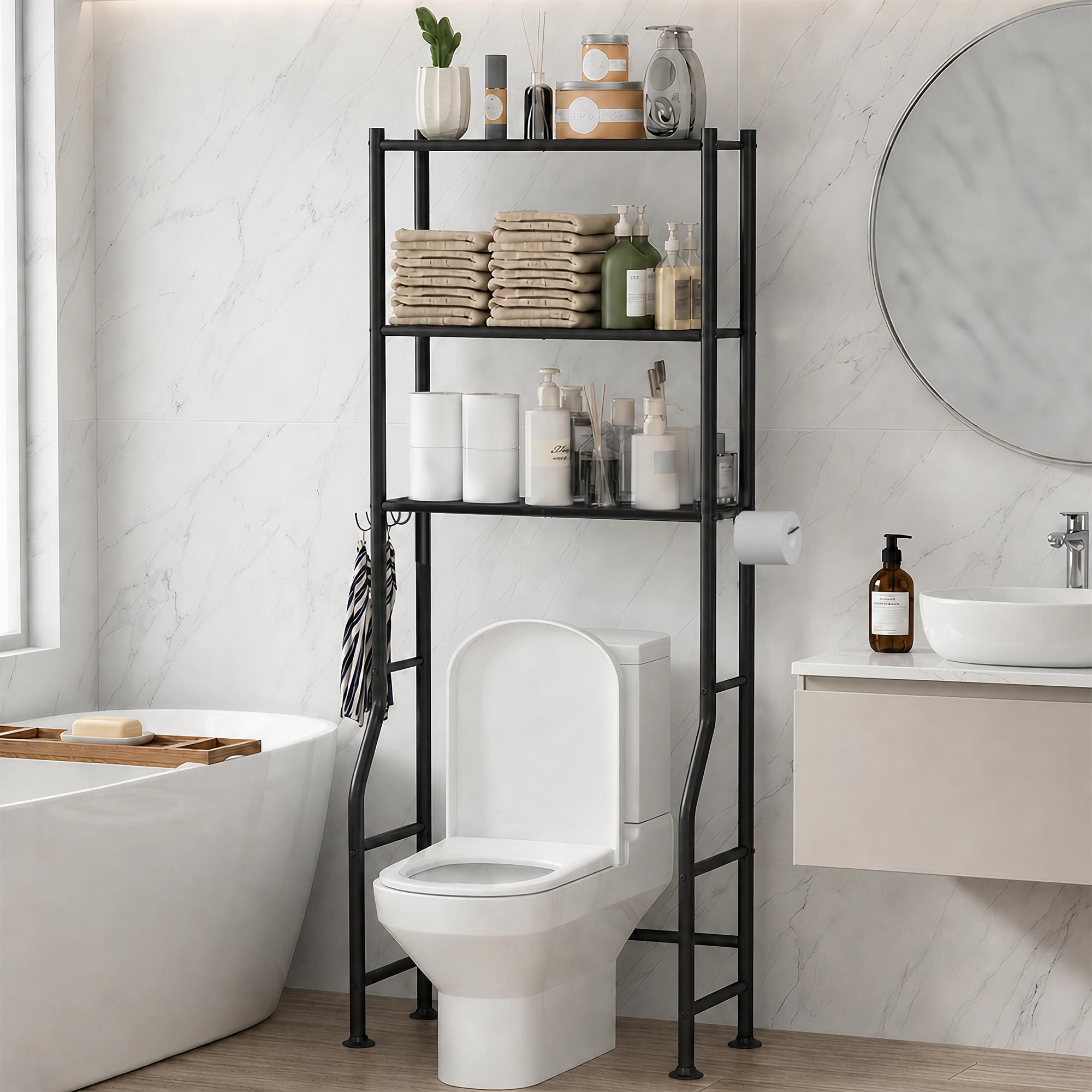 TNSO Black 3 Tier Over Toilet Storage Shelf Anti Tilt Safety System Metal Bathroom Organizer With Paper Holder And Hooks