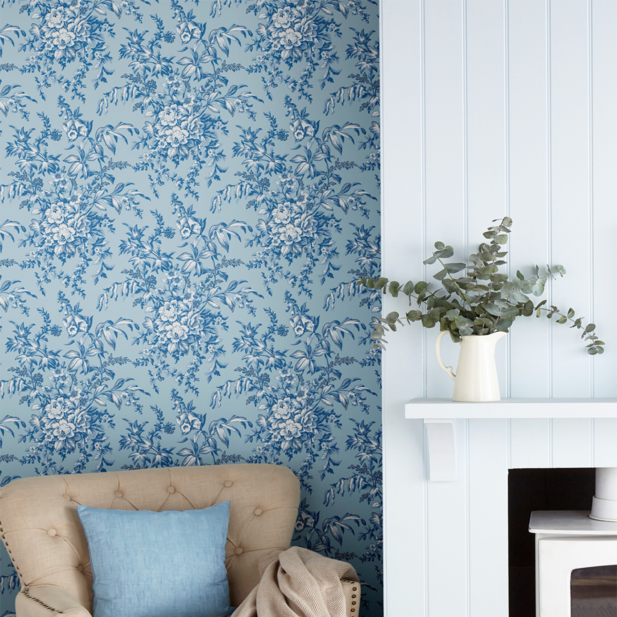 Laura Ashley 8-in Dark Seaspray Blue Non-Woven Toile 56-sq ft Unpasted Paste The Wall Wallpaper Sample | 11849494