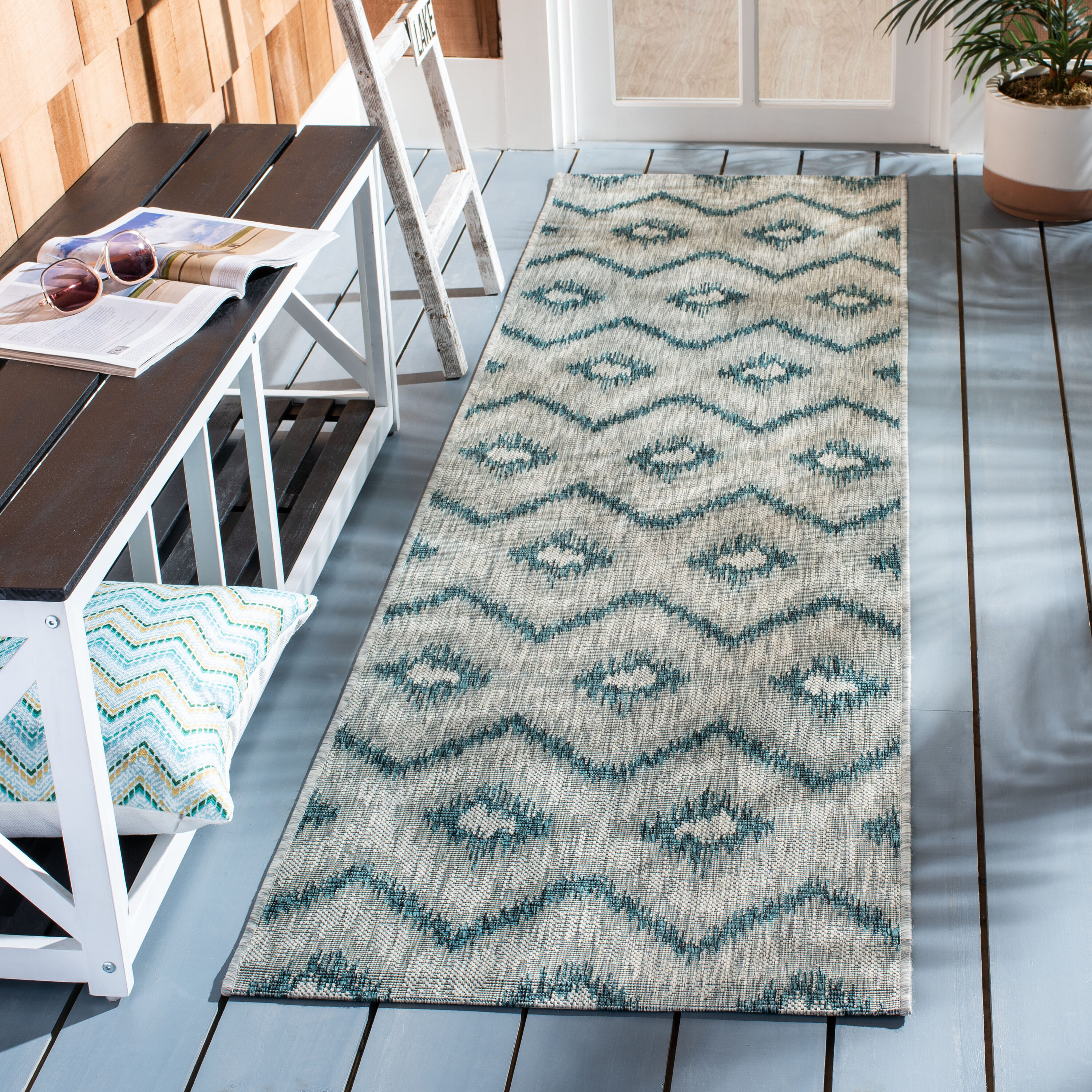 Safavieh CY8463-37212-212 Courtyard Sonora 2 x 12 (ft) Loomed Polypropylene Gray/Blue Rectangular Indoor/Outdoor Abstract Coastal Runner rug