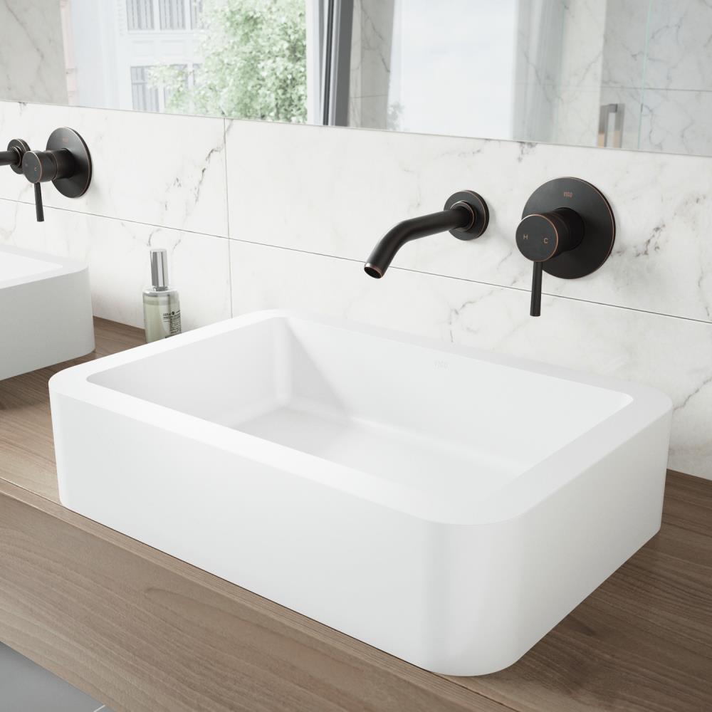 VIGO VGT1009 Vessel Sinks Matte White Matte Stone Vessel Rectangular Bathroom Sink with Faucet Drain Included (22.75-in x 15.75-in)