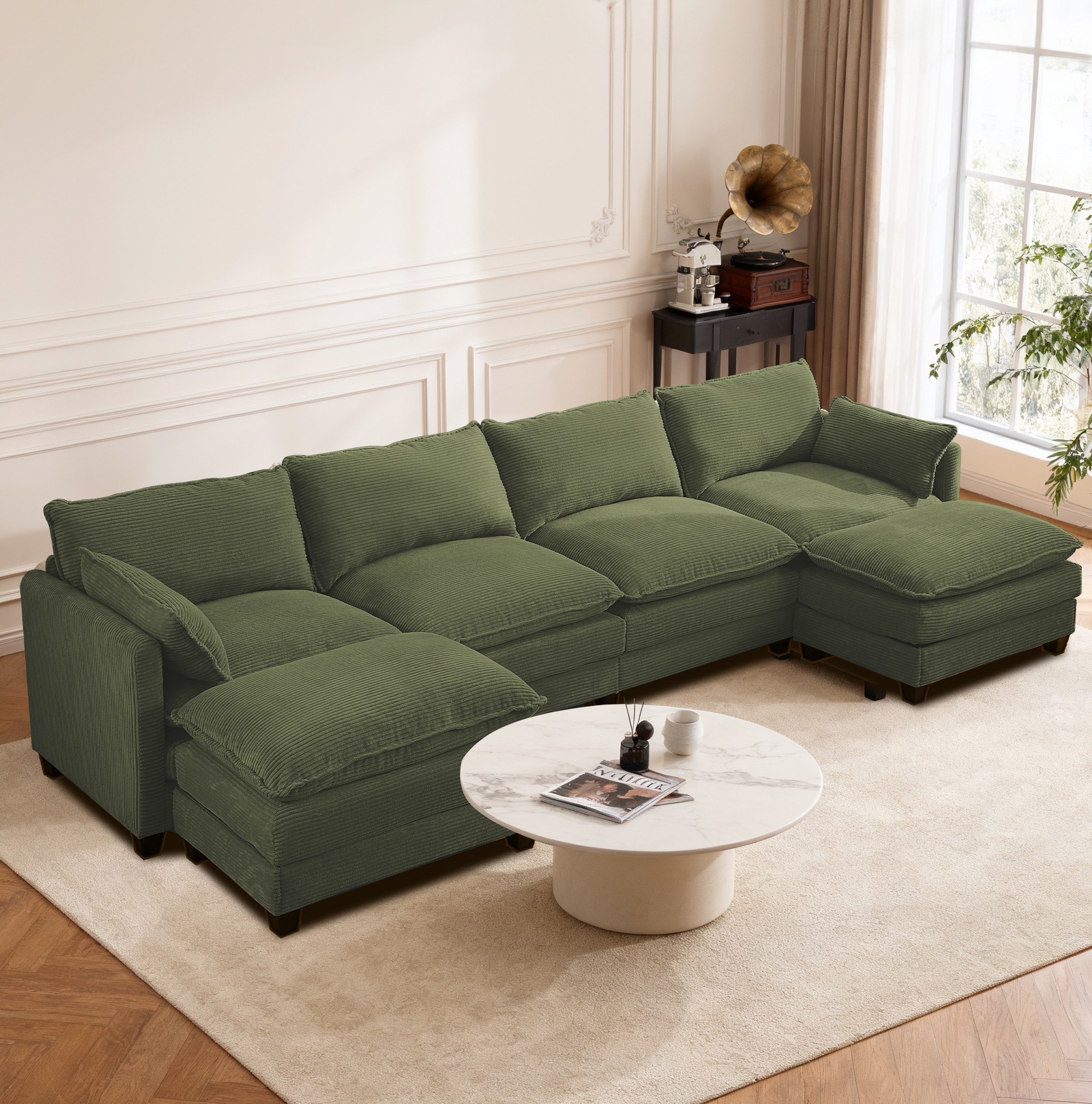 JEAREY - Sectional sofa 133-in W - Cloud Couch with Movable Ottoman - 6 Seat Modern Corduroy Sofa...