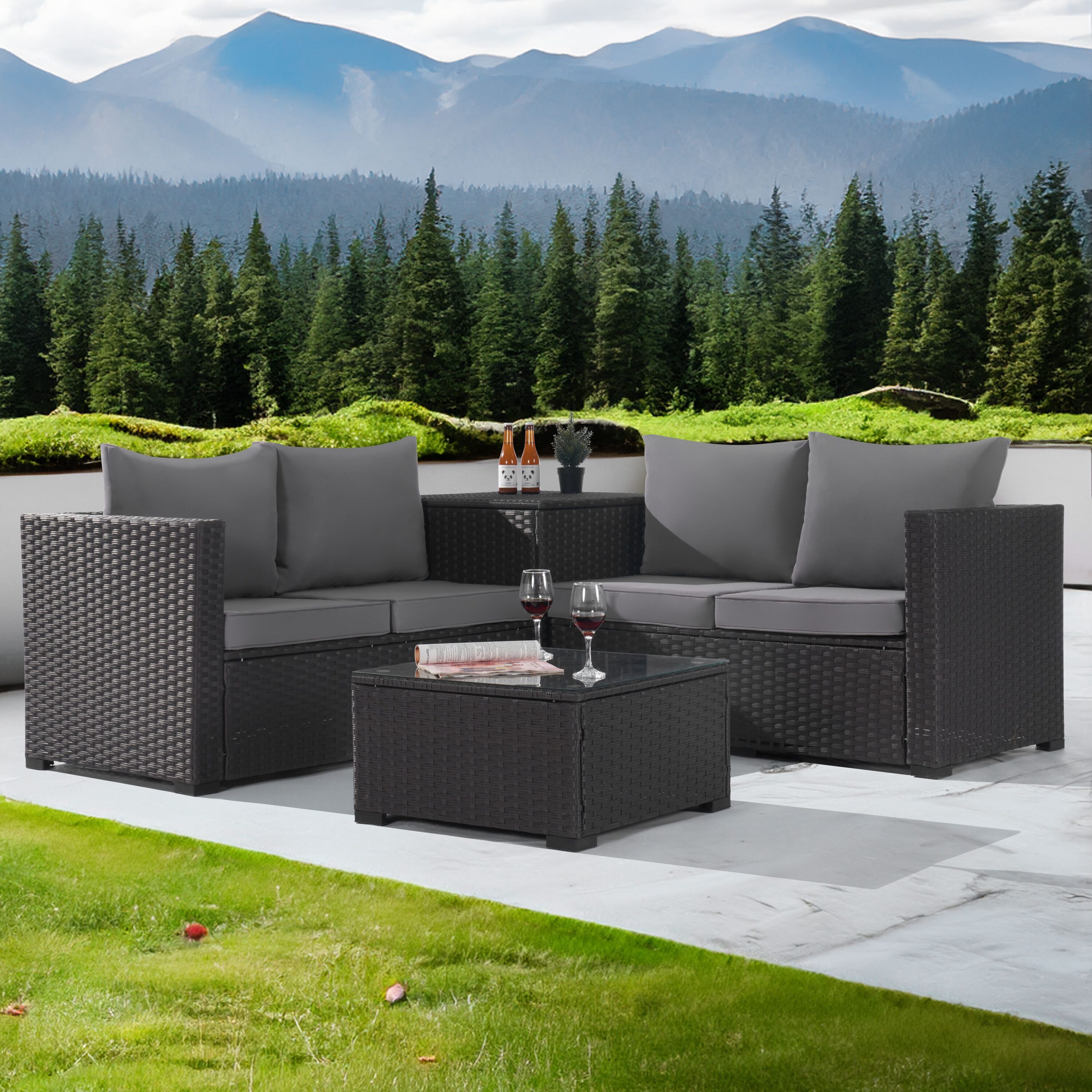 SANSTAR L-WS-C3-LY 4 -Piece Rattan Patio Conversation Set with Gray Cushions