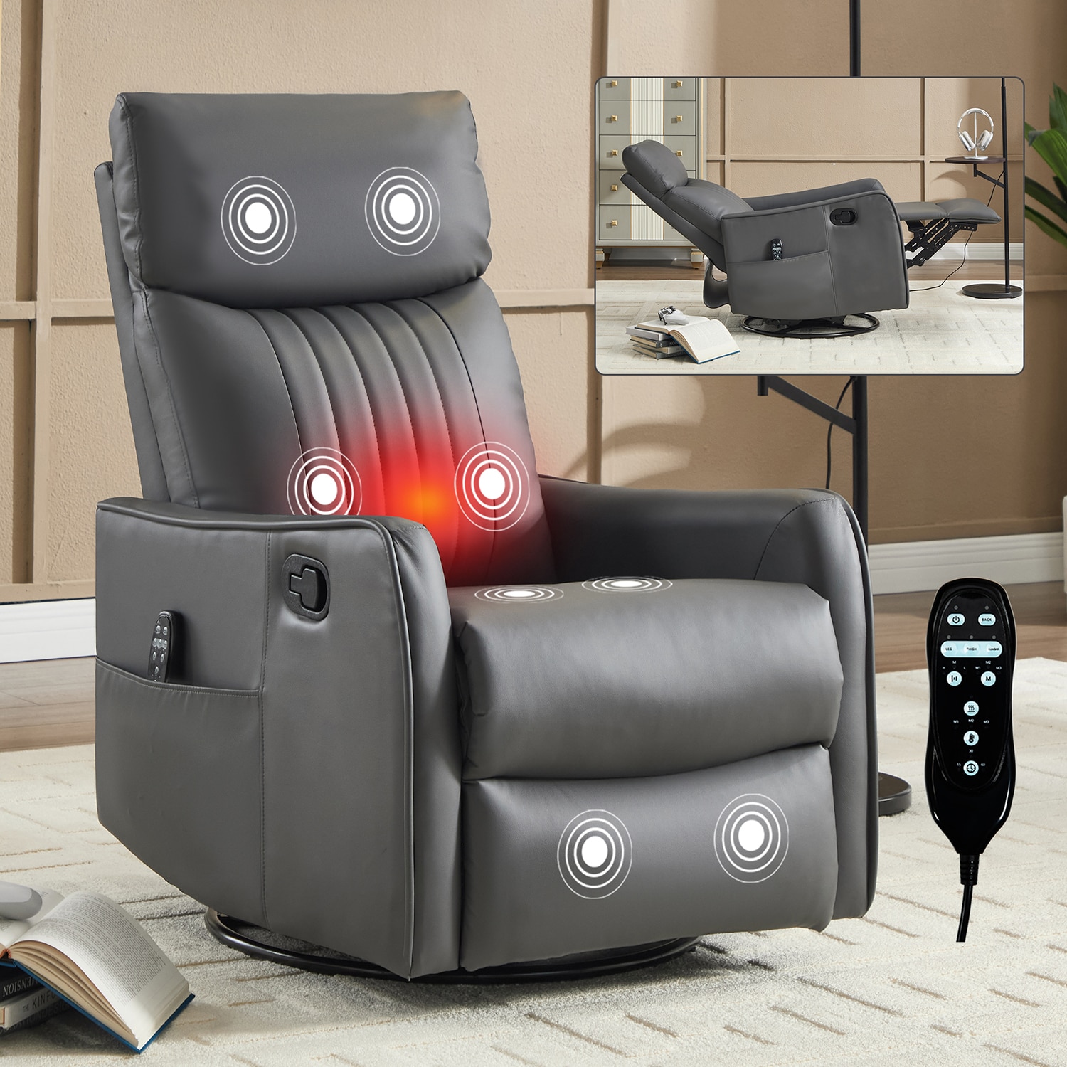 GZMR - Heat Massage Rocker Swivel Manual Recliner Gray Faux leather Upholstered Swivel rocker Inf...