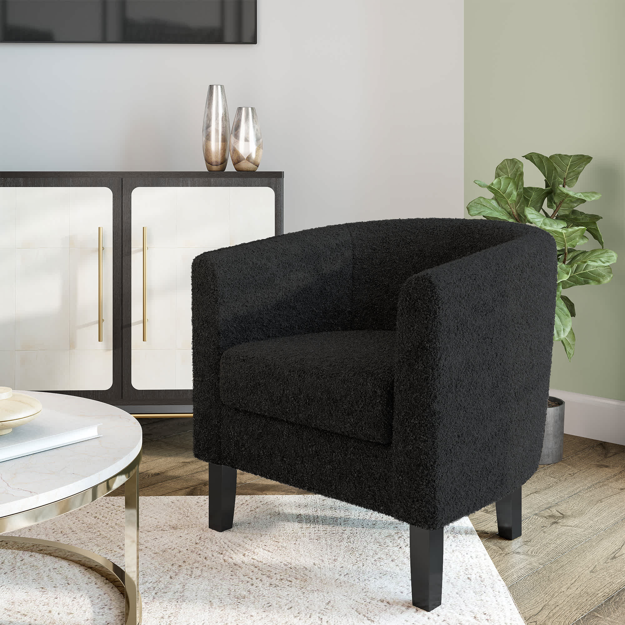 Belleze 014-HG-31933-TB Round Accent Barrel Chair with Cozy Soft Padding Teddy Black