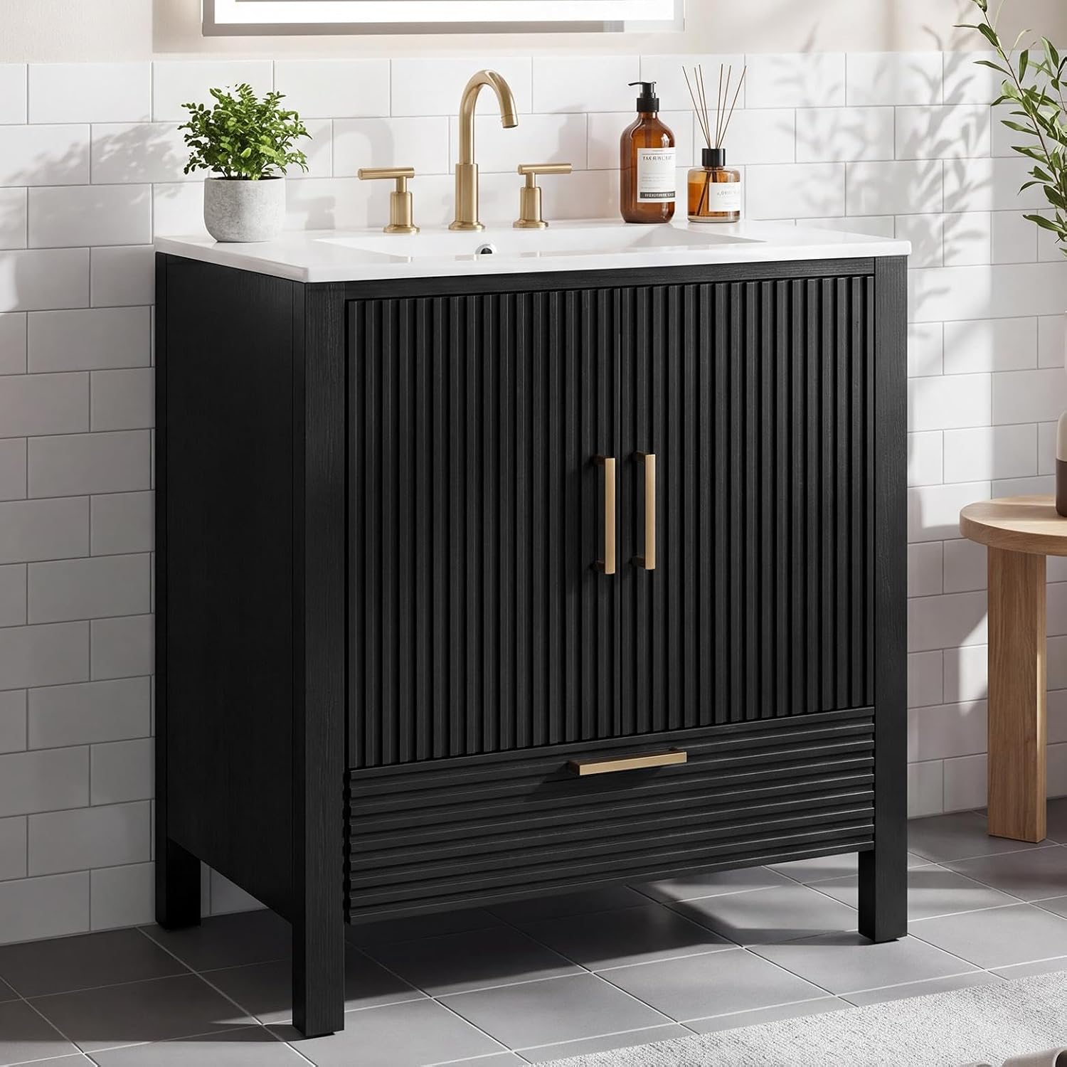 Tribesigns 30 Inch Modern Black Bathroom Vanity with White Ceramic Top and Fluted Doors Unassembled