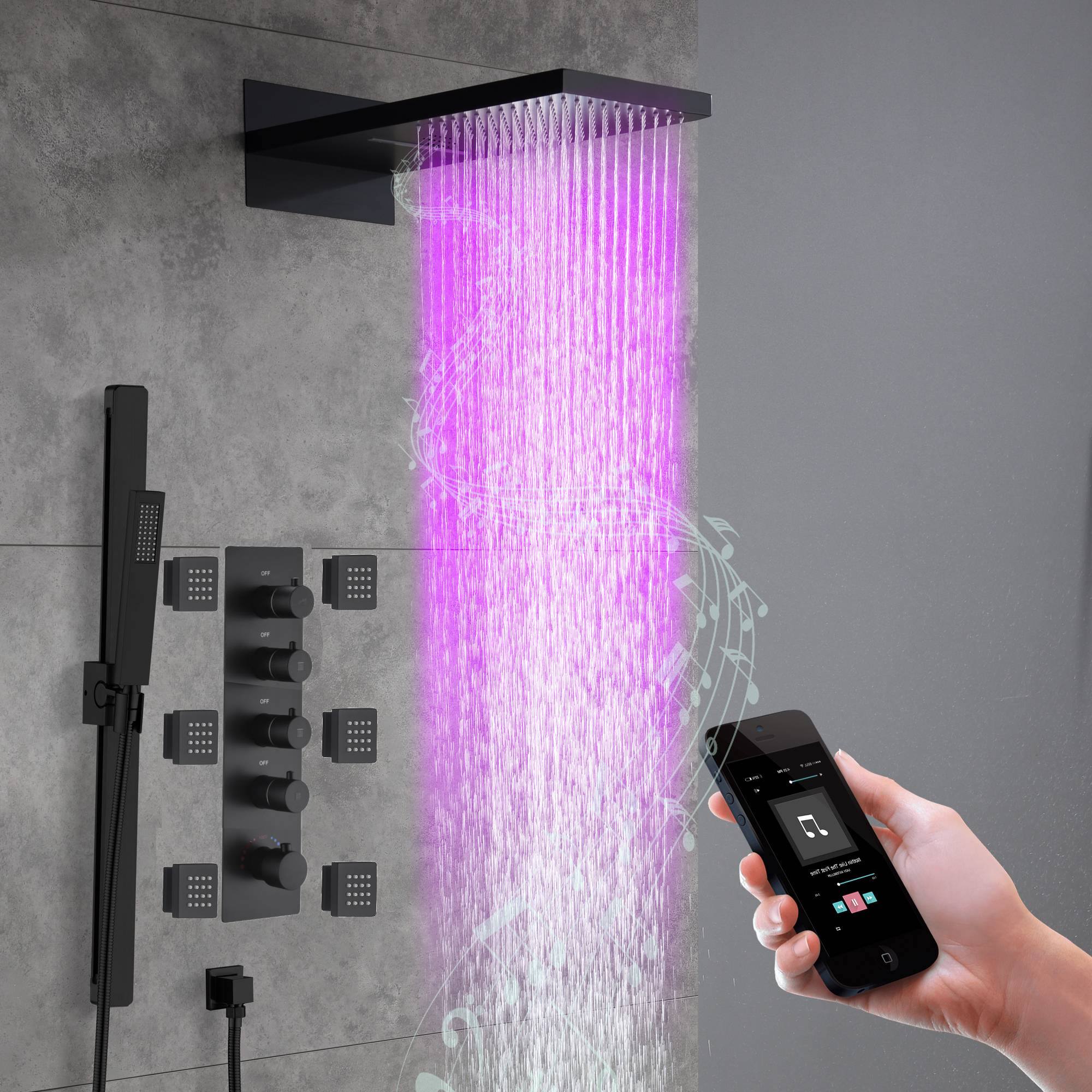 Wonderland America  Matte Black 22 Inch Bluetooth Music LED Shower System with 4-Way Thermostatic Faucet and Multiple Functions with X4 Valve Style