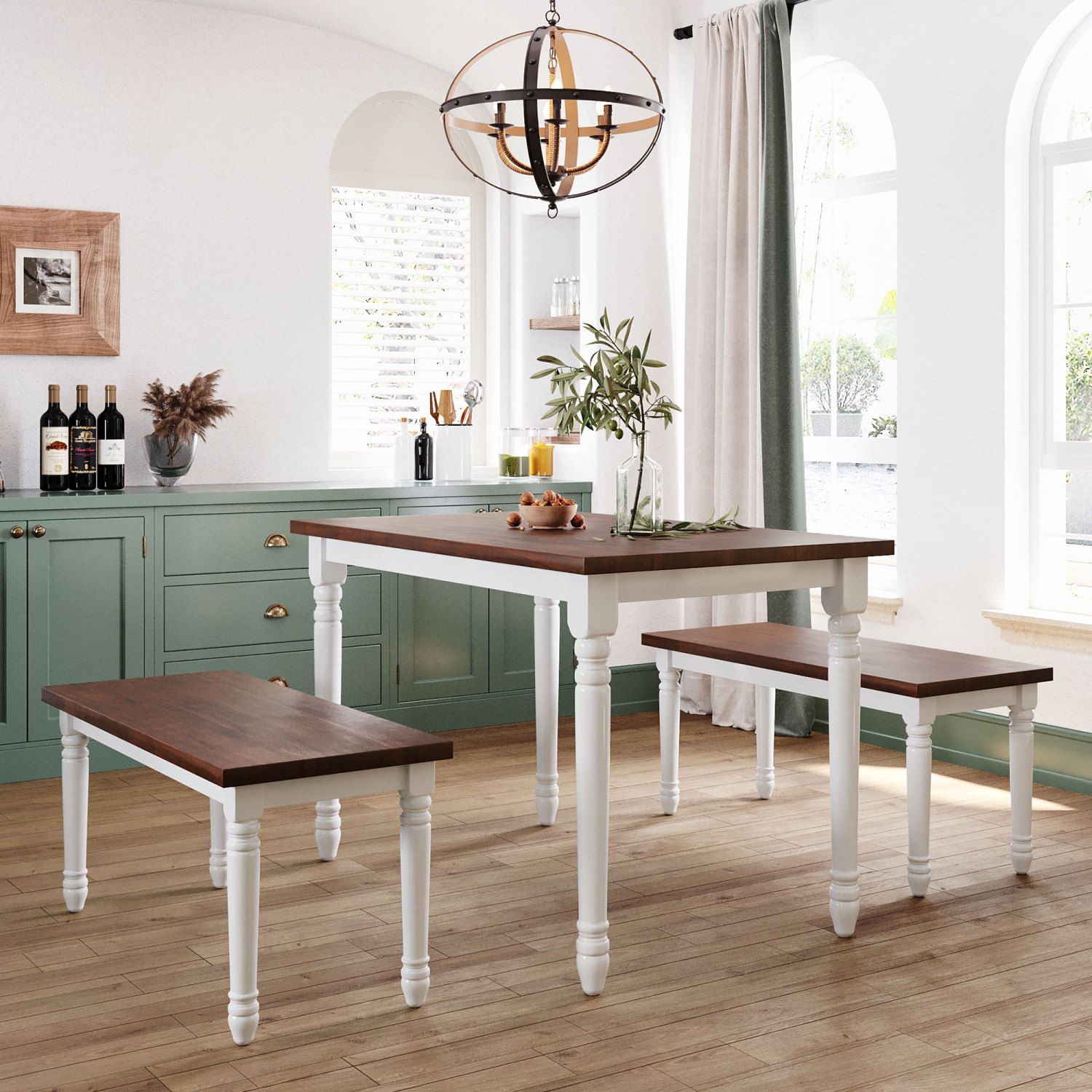 JASMODER SH000163AAK 3-Piece Retro Farmhouse Solid Wood Kitchen Dining Table Set Breakfast Nook With 2 Benches, Cherry+White