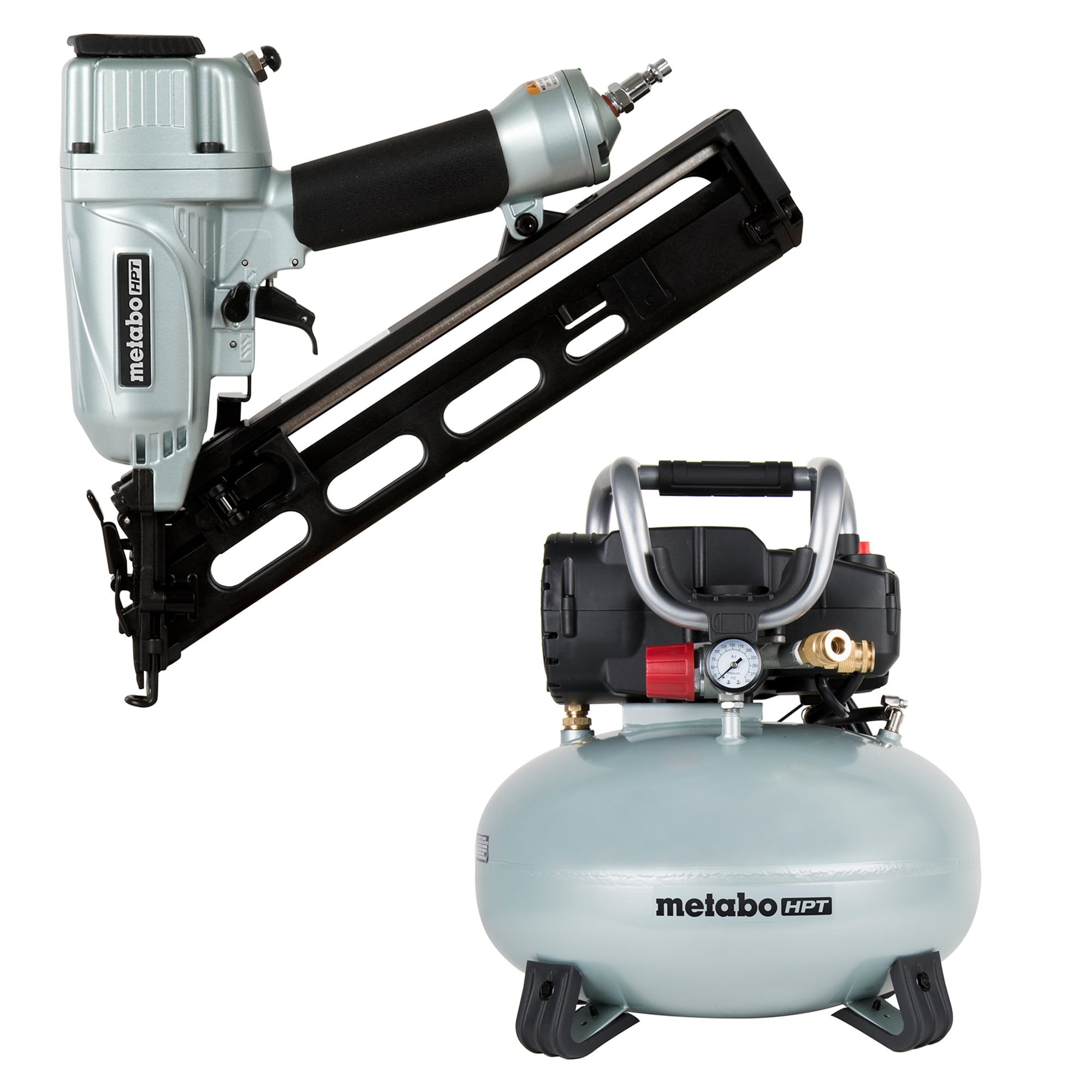 Metabo HPT 15-Gauge Pneumatic Finish Nailer with 6-Gallon Single Stage Portable Corded Electric Pancake Air Compressor