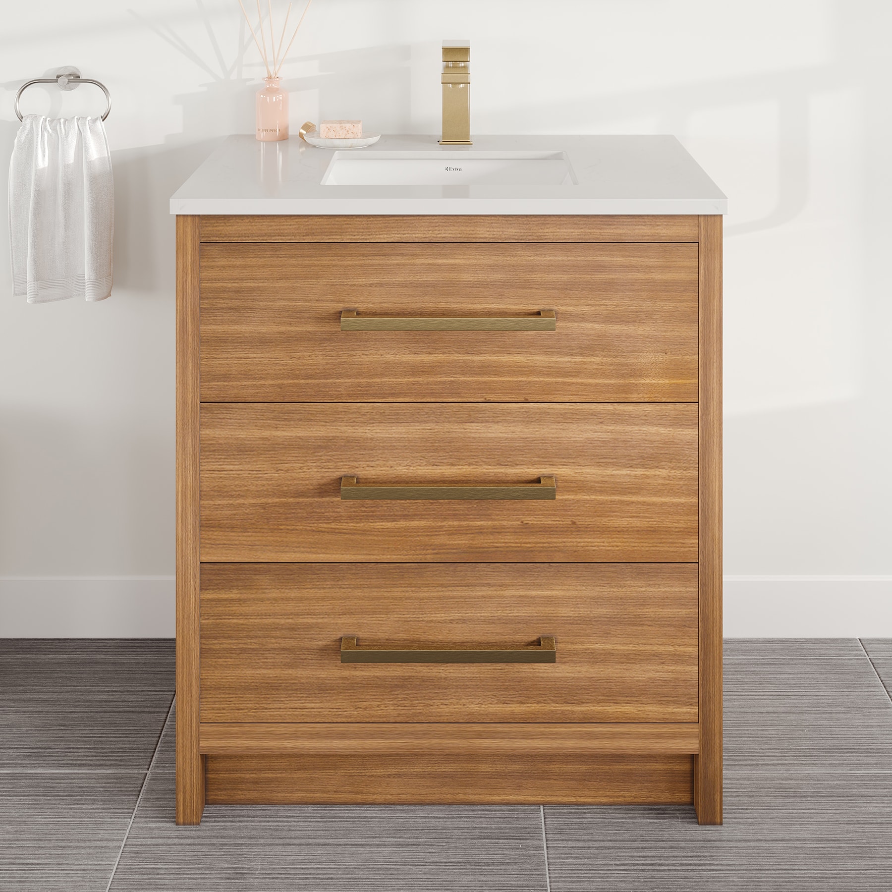 Eviva EVVN812-30X18WN Curio 30-in Walnut Undermount Single Sink Bathroom Vanity with White Quartz Top