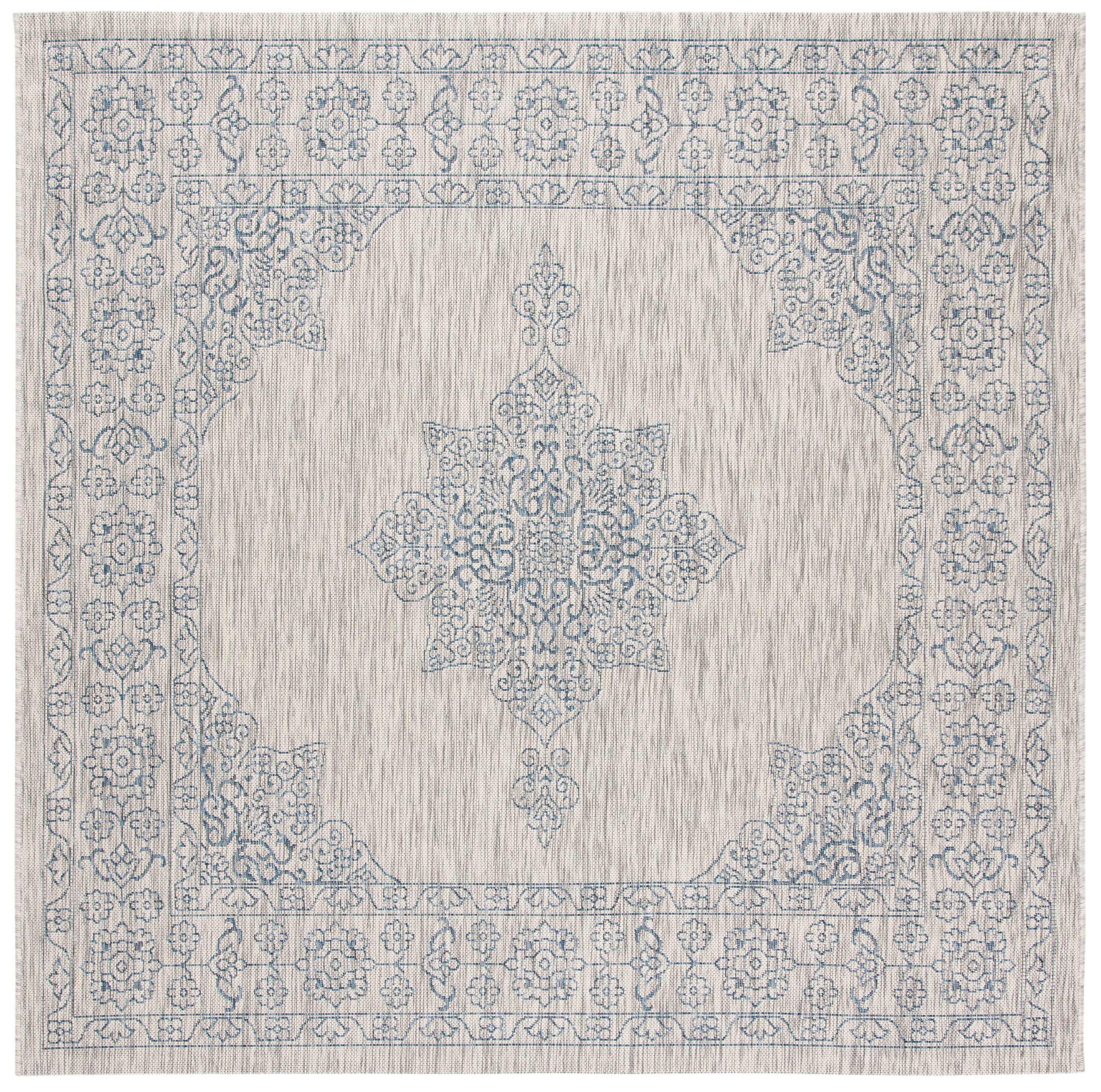 Sleek Gray/Navy Synthetic 6'7" Square Indoor/Outdoor Rug