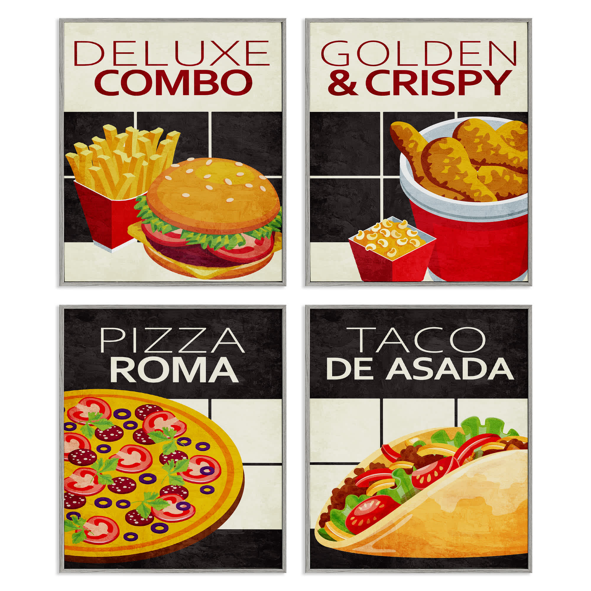 Stupell Industries A4-262-GFF-4PC-11X14 Fast Food American Cuisine 4pc Framed Giclee Set Design by Kim Allen