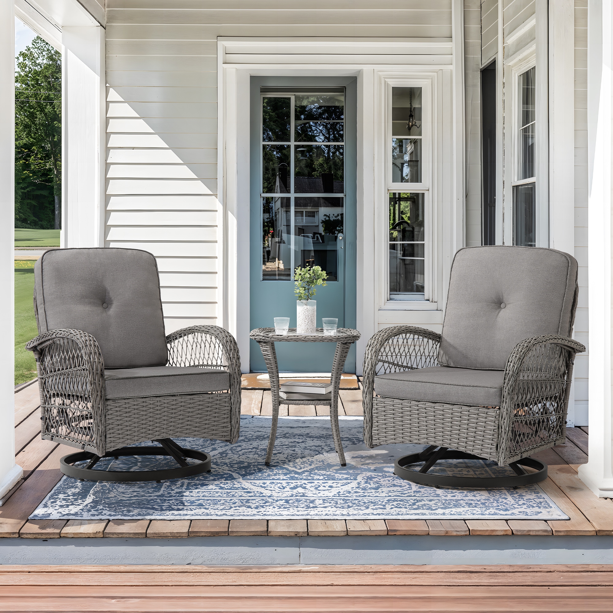 Yurevna JS-001-02LS 3 -Piece Rattan Patio Conversation Set with Light Gray Cushions