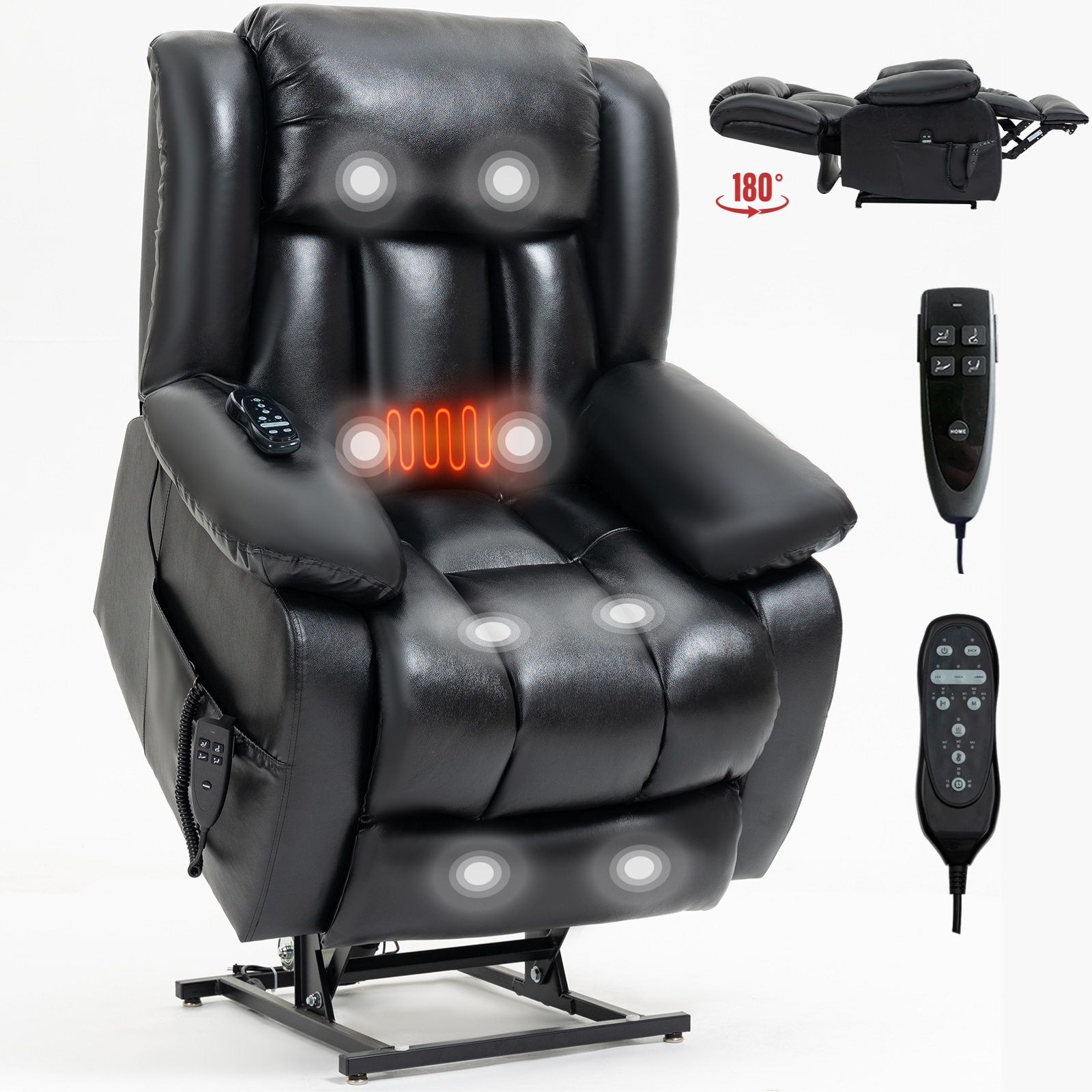 Huluwat Black Genuine Leather Dual Motor Power Lift Recliner Chair 350 LBS 8-Point Massage Lumbar Heating Infinite Position