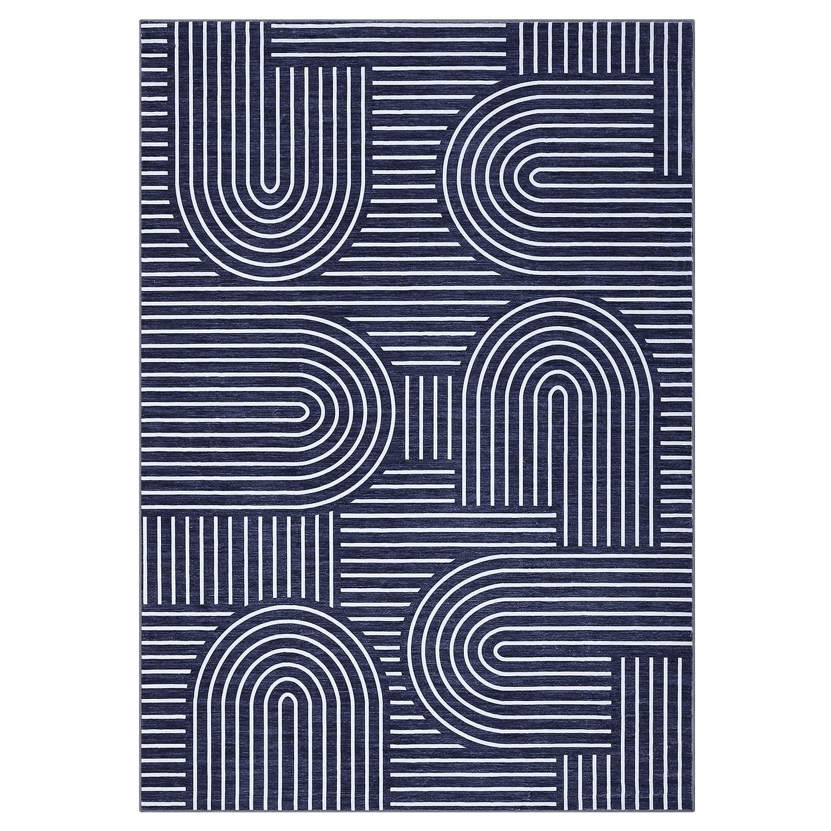 Qeetex LSN-PHK-3368H4KE 8 x 10 ft Polyester Cashmere Blue Rectangular Hallway Bathroom Entryway Kitchen Office Foldable Geometric Modern Washable Area Rug
