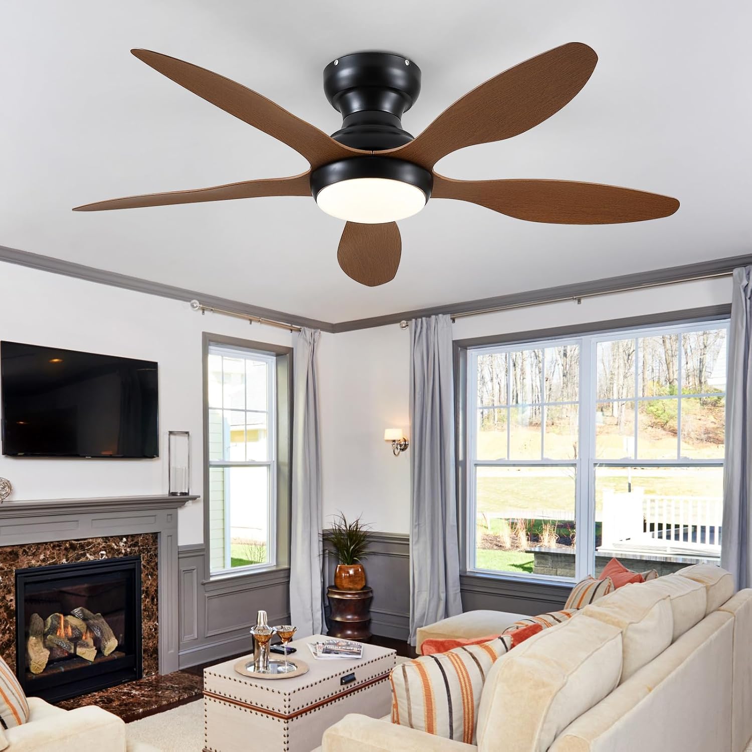 Gleam Flare 46 Inches Modern Flush Mount Ceiling Fan with LED Light and Remote APP Control Reversible DC Motor for Living Room Bedroom