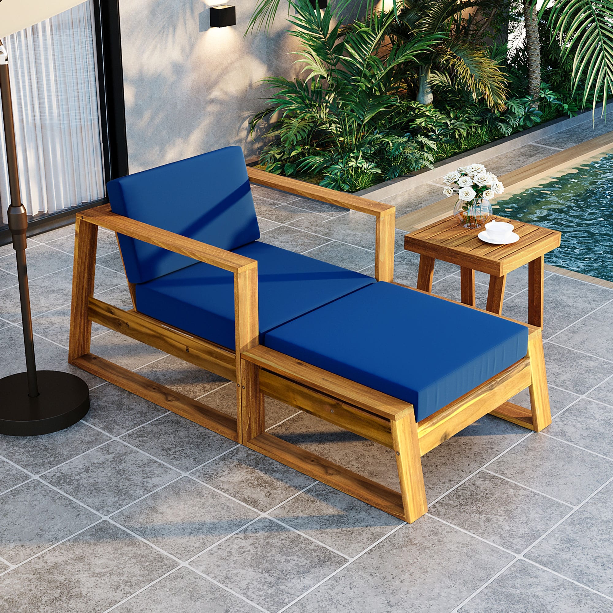 BABOOM - Acacia Wood Outdoor Chaise Lounge With End Table Natural Wood Frame Stationary Chaise Lo...