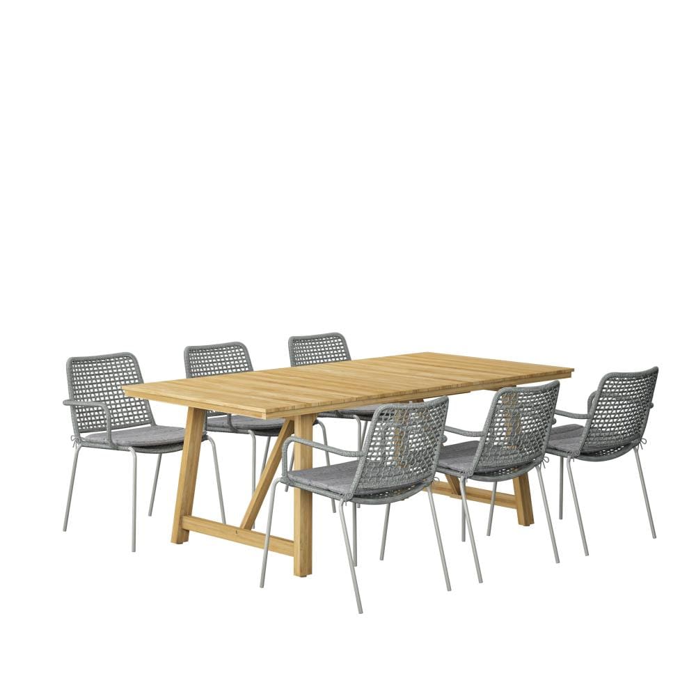 Amazonia KLAR6OBEGRGROU Outdoor Patio 7 -Piece Brown Patio Dining Set Wood Rectangle Table with 6 Cushions Stackable Stationary Chairs