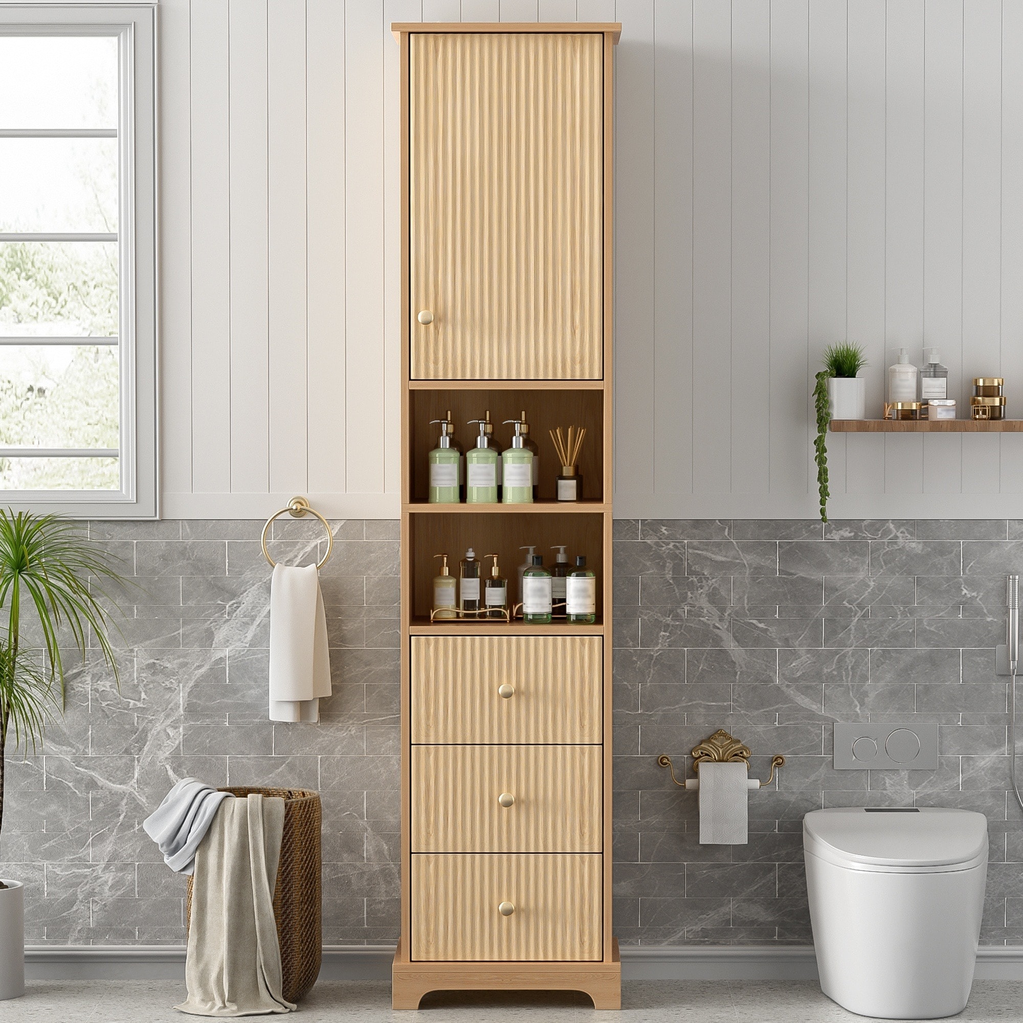 IAK 16 inch x 12 inch x 68 inch Wood Finish Melamine Freestanding Bathroom Cabinet with Adjustable Shelf and Damping Hinges