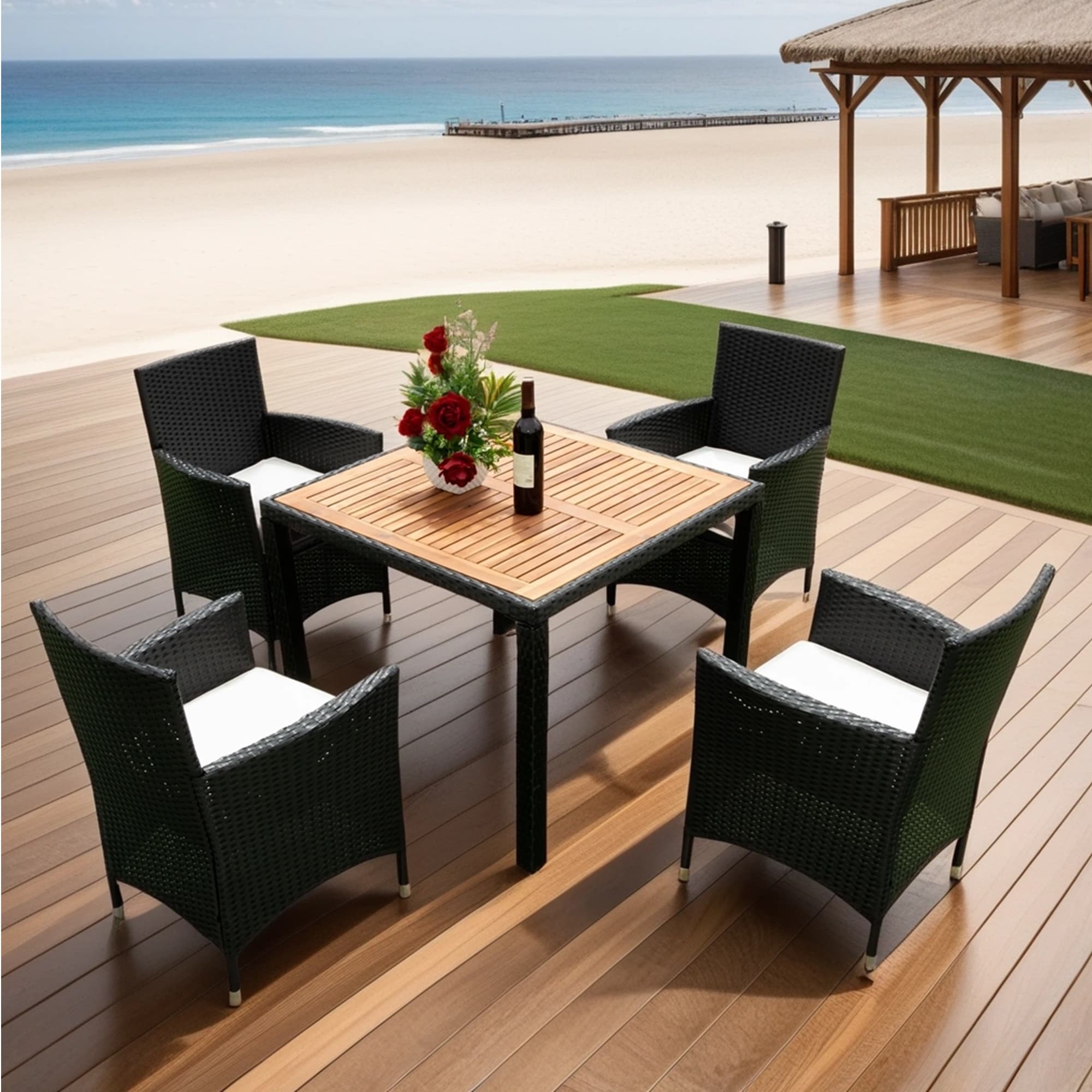 Mondawe 5Piece Black Rattan Patio Dining Set Wood Square Table with 4