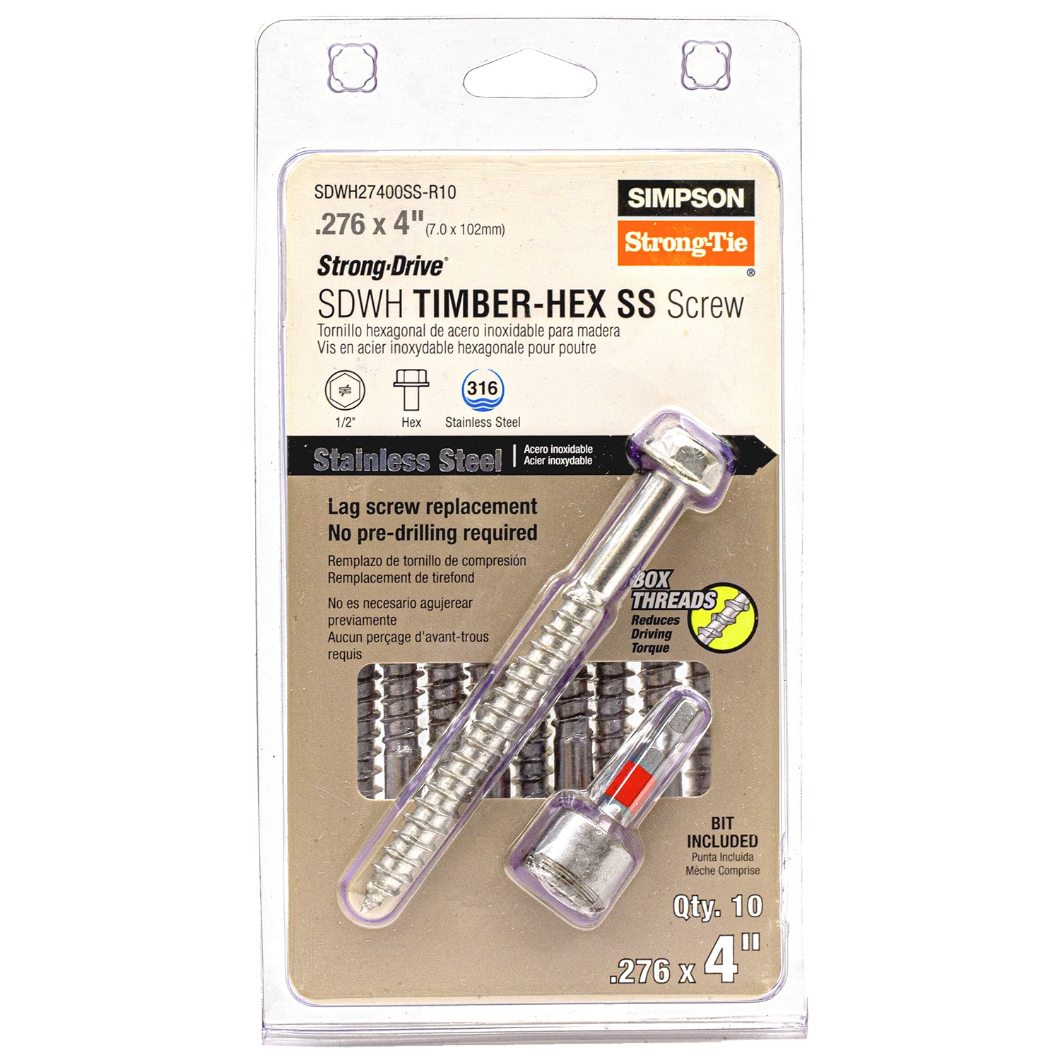 Simpson Strong-Tie Strong-Drive SDWH 0.276-in x 4-in Stainless steel Exterior Structural wood screws 10 -Per Box
