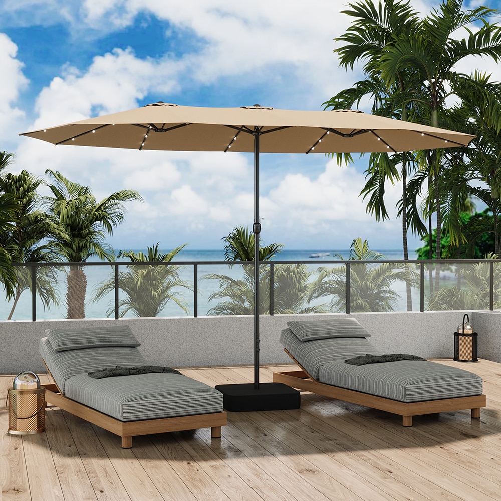 Homsee C-KF510010-04  15ft Sand Color Double Sided Patio Umbrella with Lights Iron Frame Solar Powered with Sandbag Base 180'' W x 108'' D x 93.6'' H  Sand Color