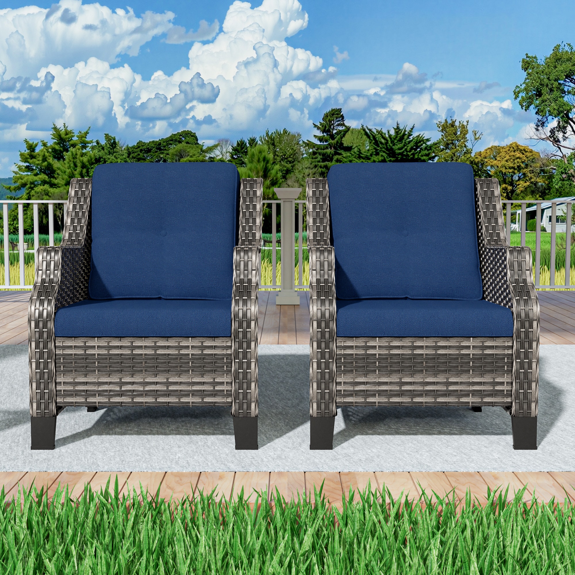 Gardenbee HGL-M31-DPB Set of 2 Wicker Brown Steel Frame Stationary Conversation Chair with Blue Cushioned Seat