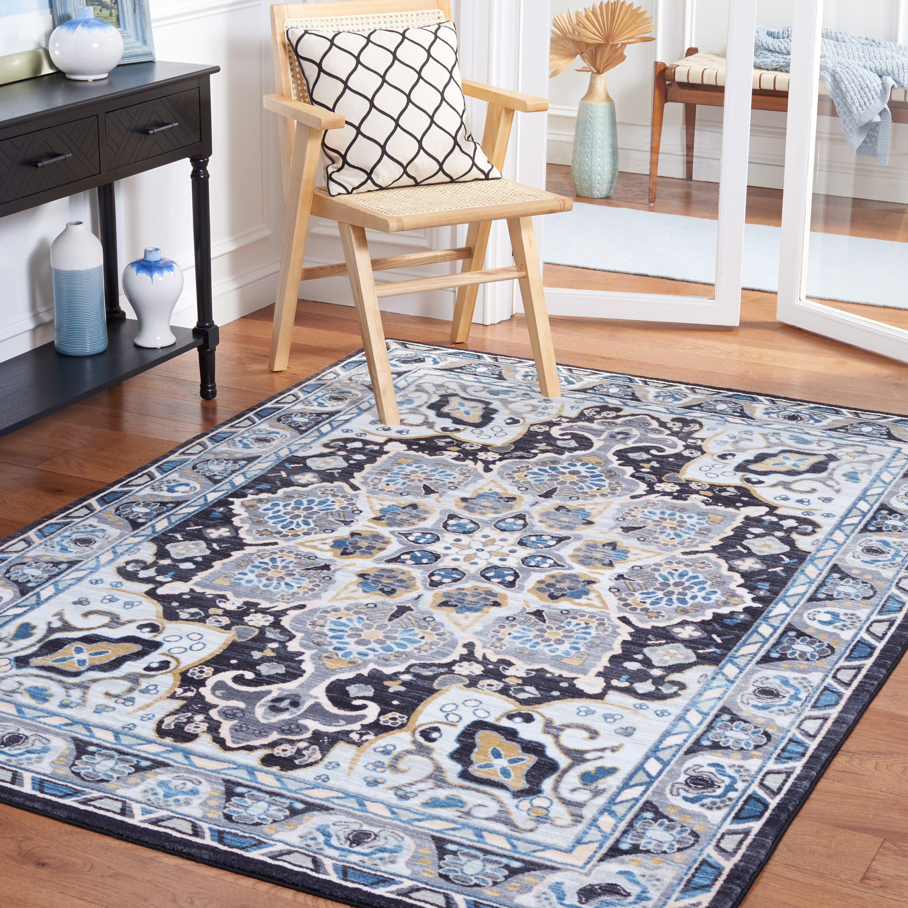 Safavieh RIV155F-5 Riviera 5 x 8 (ft) Loomed Polyester Gray/Light Blue Rectangular Indoor Border Machine washable Area rug