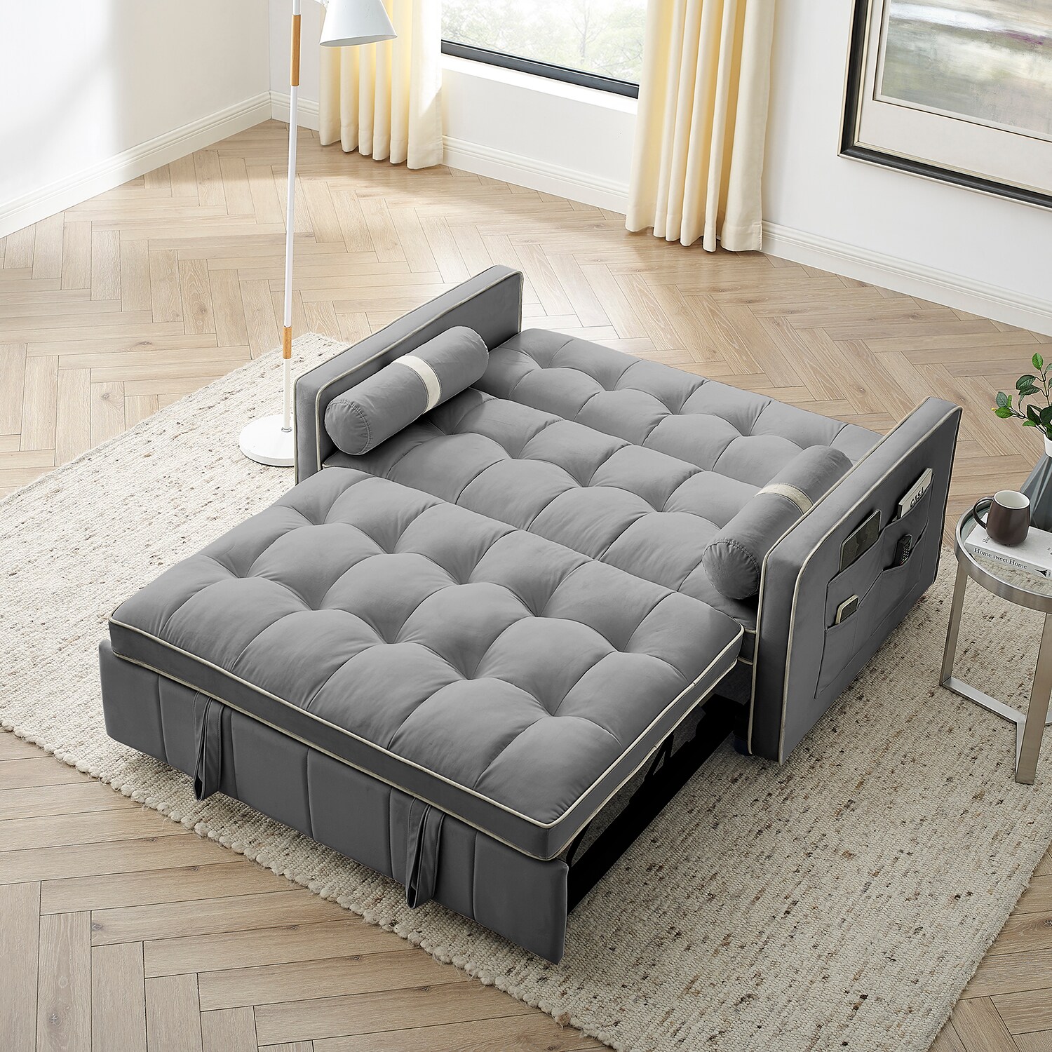 Convertable Velvet Futon Sofa Bed - Sofa with Sofa Sleeper for Living Room,  Comfy Velvet Fabric with High Density Memory Foam Couch for Office,  Apartment bedroom Living room Light Grey 