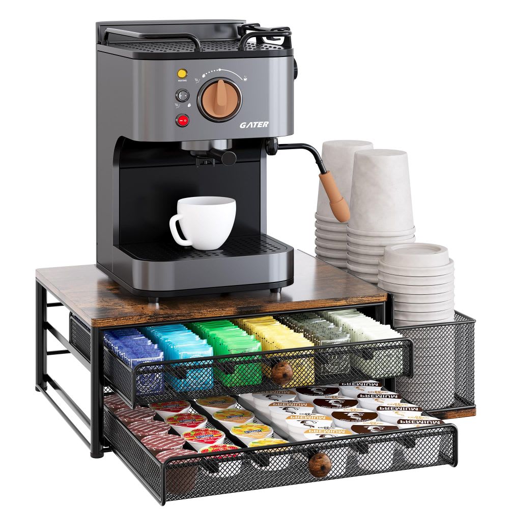 Etokfoks  Coffee Pod Holder 60 Capacity 2 Drawer Organizer with Adjustable Dividers and 3 Slot Magnetic Cup Holder 13.7W x 10.9D x 5.87H Inch 1 Piece