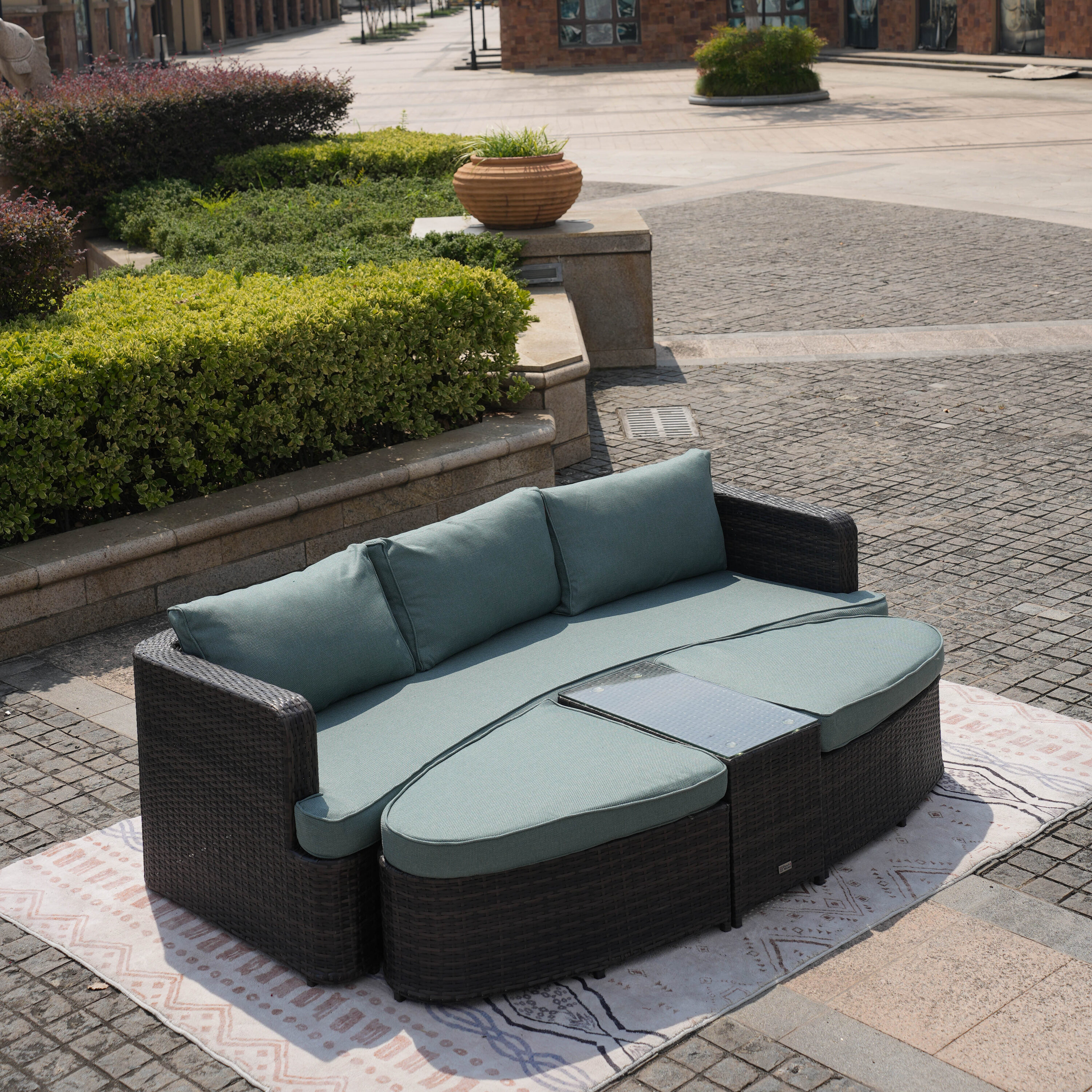 Moda Furnishings PAL-1202BR-CELADON 4 -Piece Wicker Patio Sofa Conversation Set with Green Cushions