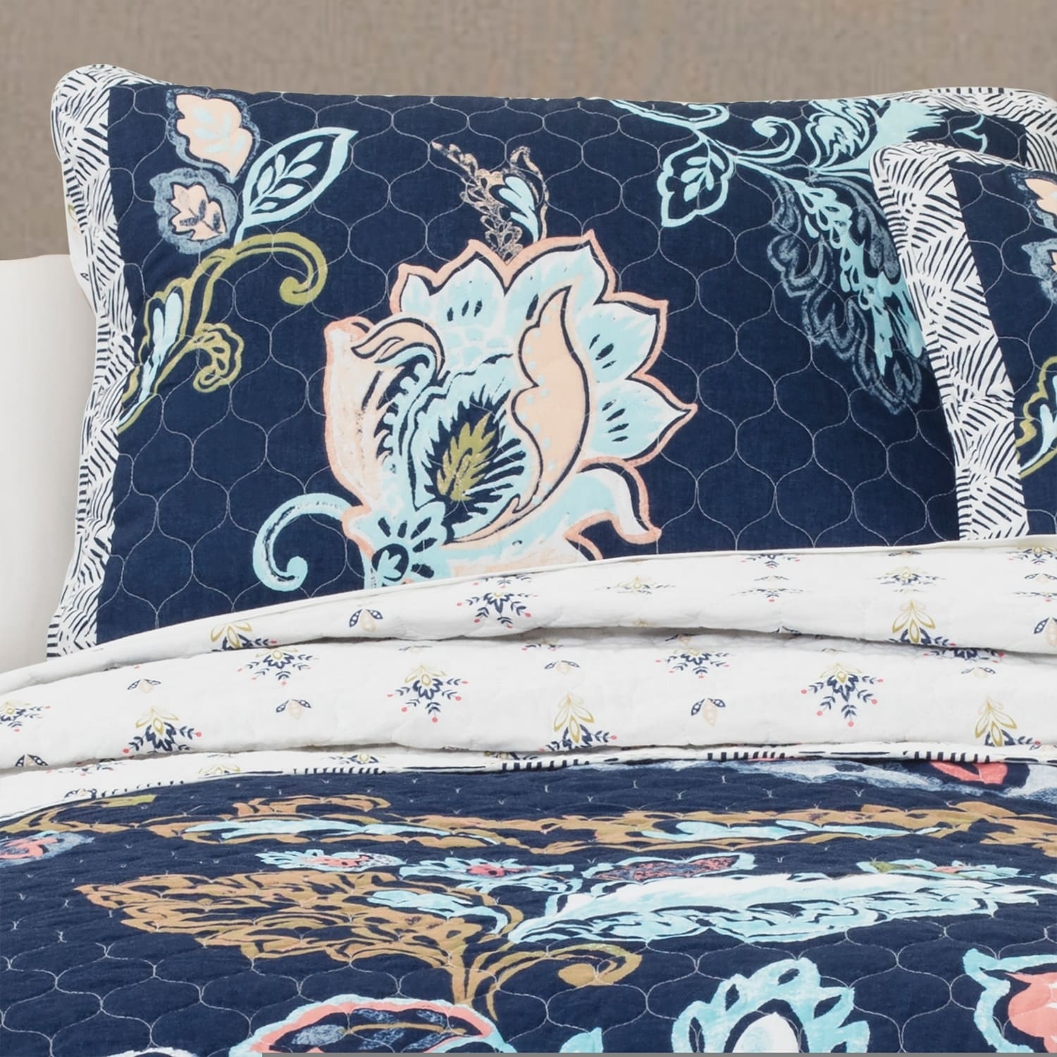 Navy Floral Cotton Reversible Full Quilt Set