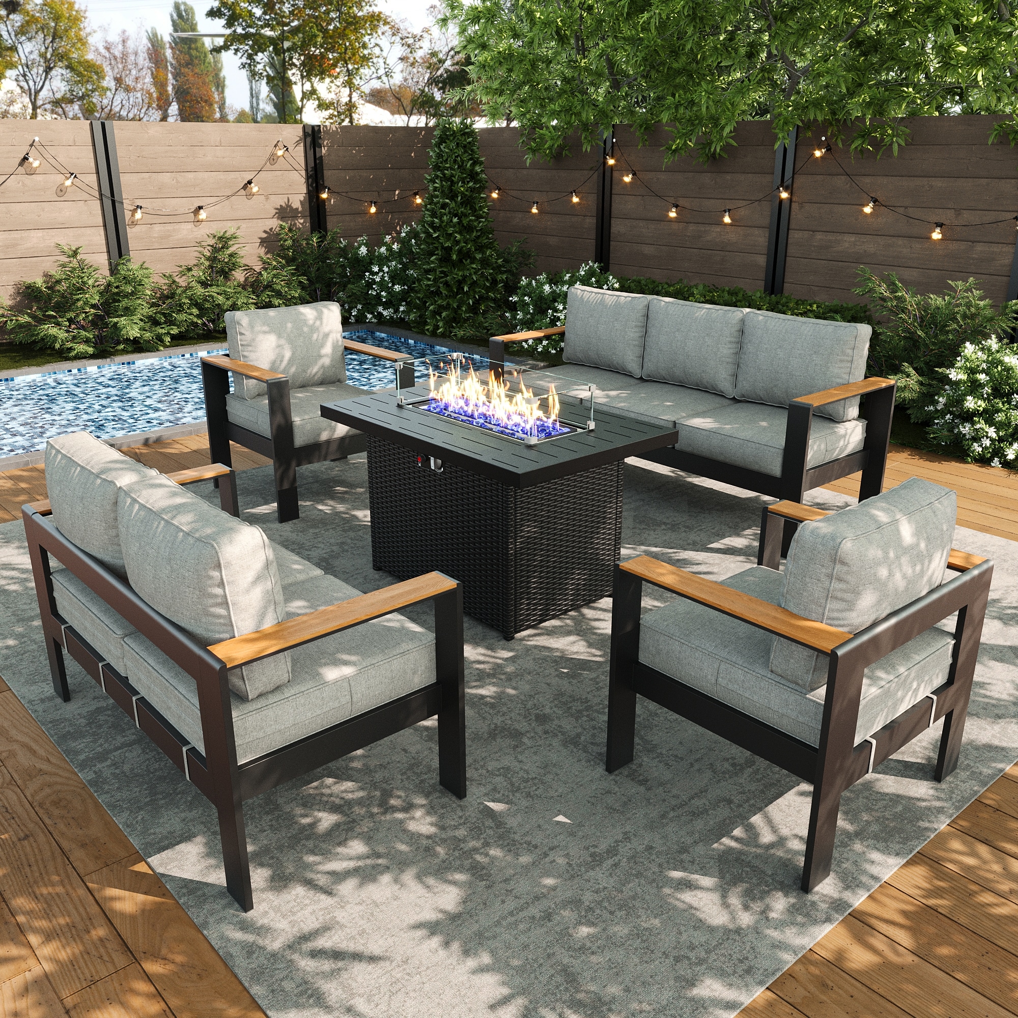 LayinSun AL5002-FP5-01 5 -Piece Outdoor Aluminum Patio Conversation Set with Fire Pit and Light Gray Cushions