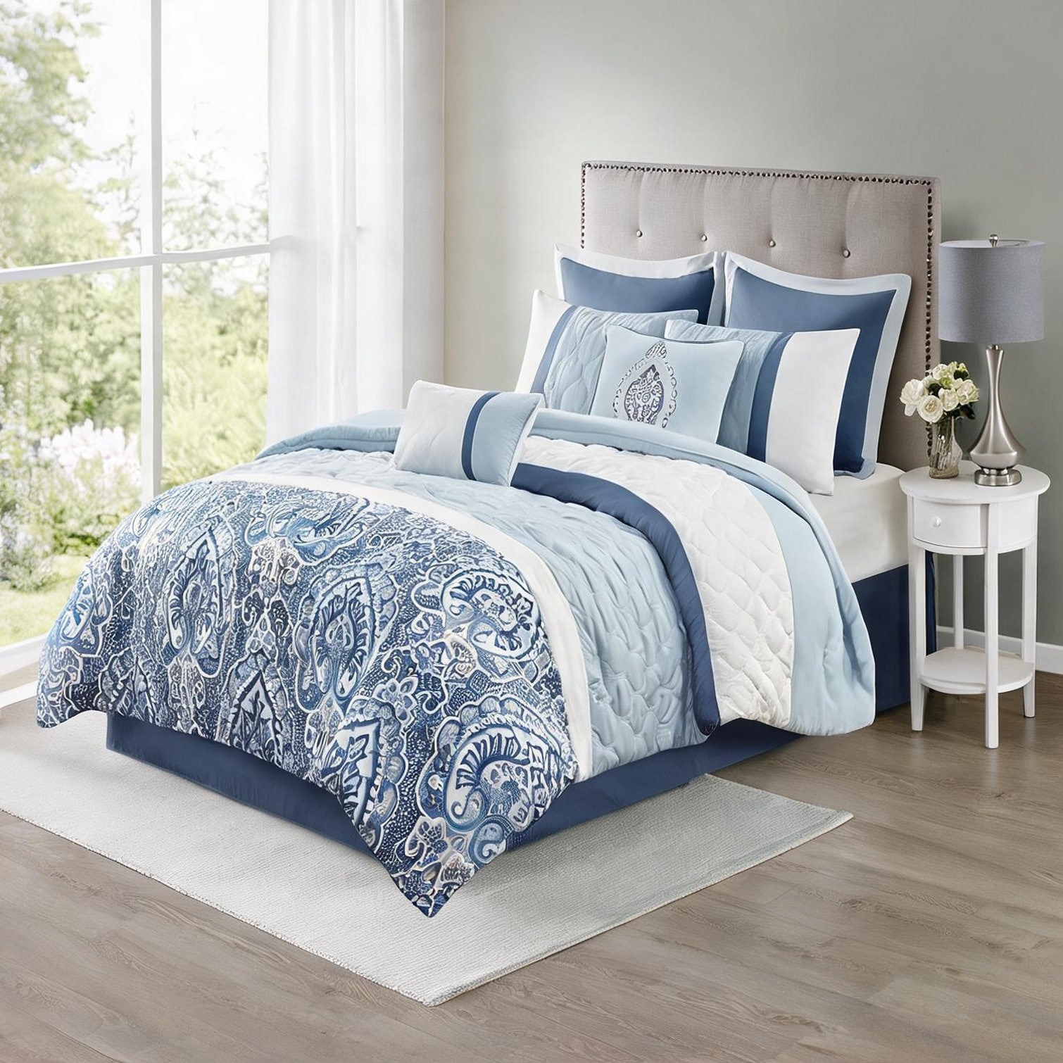 SunJet Bedding Sets - Deep Blue Queen Comforter Set 8-Piece Damask Bedding with Diamond Quilting for Bedroom
