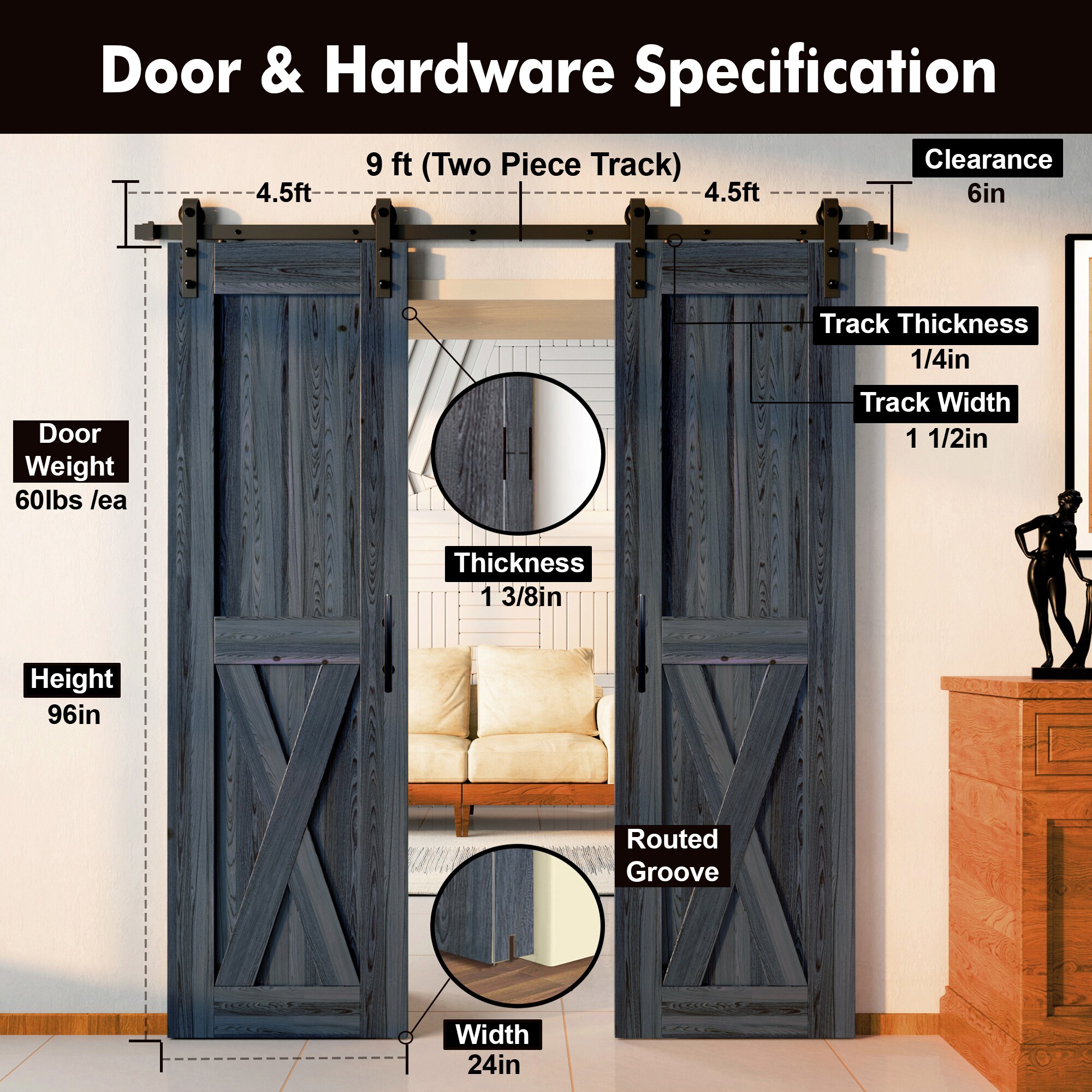 HOMACER YT2TGH108C-2496-X-NA Barn-Doors - View #7