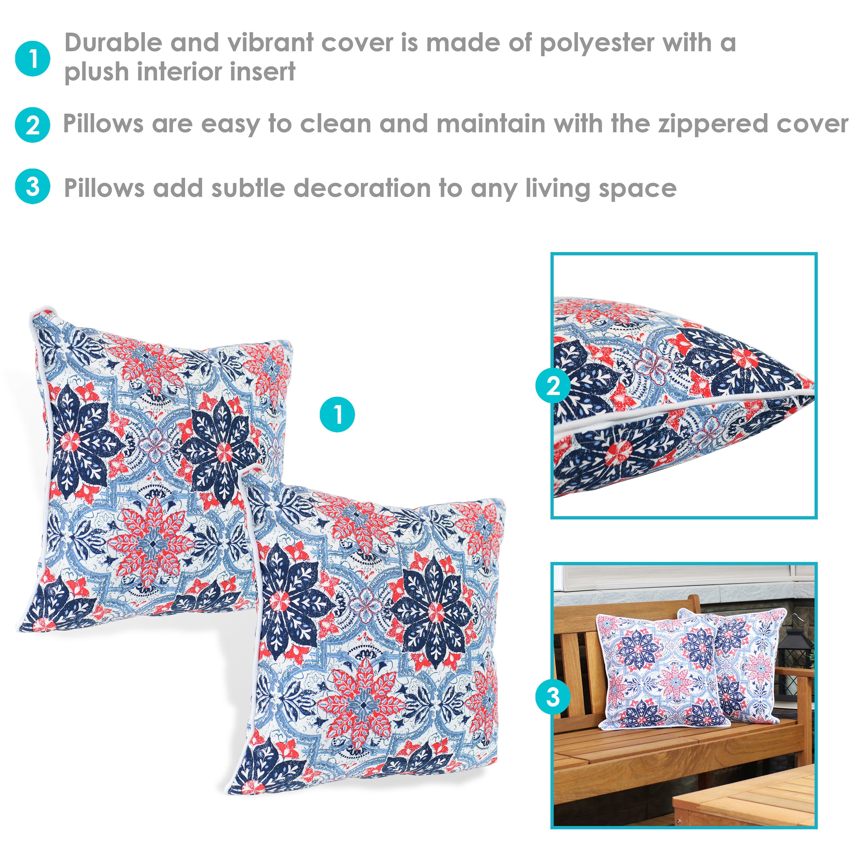 16" x 16" Blue and Red Floral Polyester Square Outdoor Throw Pillows, Set of 2