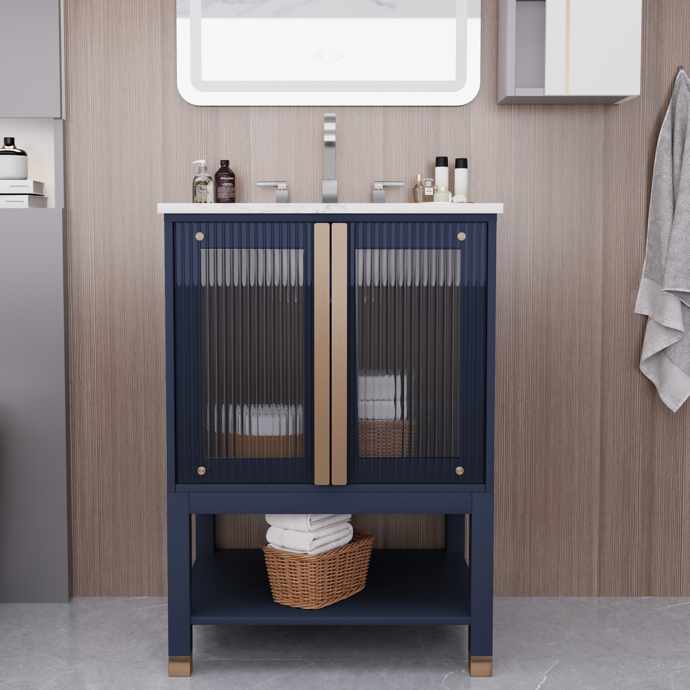 JEAREY DMZNJ Bathroom vanties with top 24-in Blue Single Sink Bathroom Vanity with White Marble Top