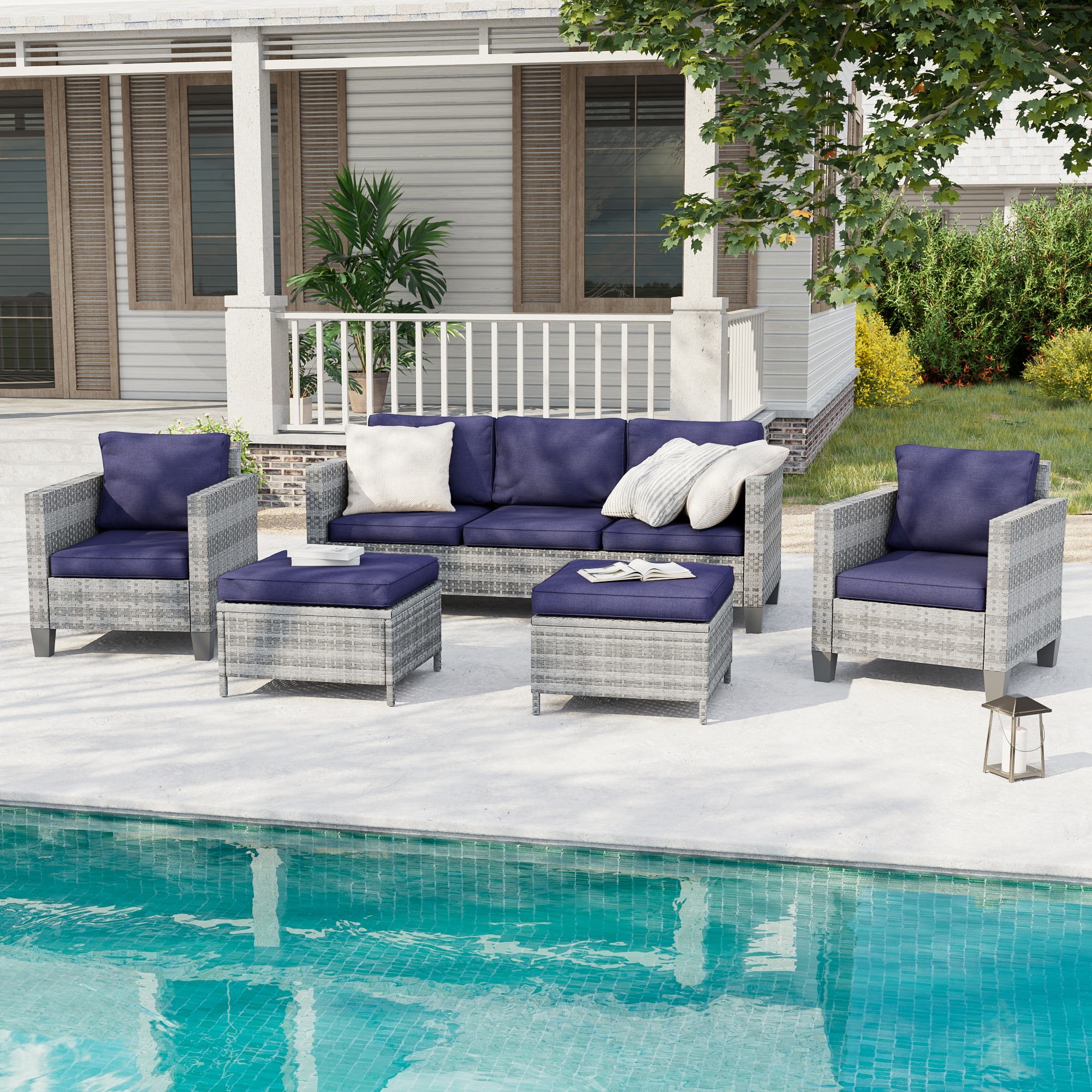 ACEGOSES LW-115HNY Sereno 5 -Piece Wicker Patio Sofa Conversation Set with Blue Cushions