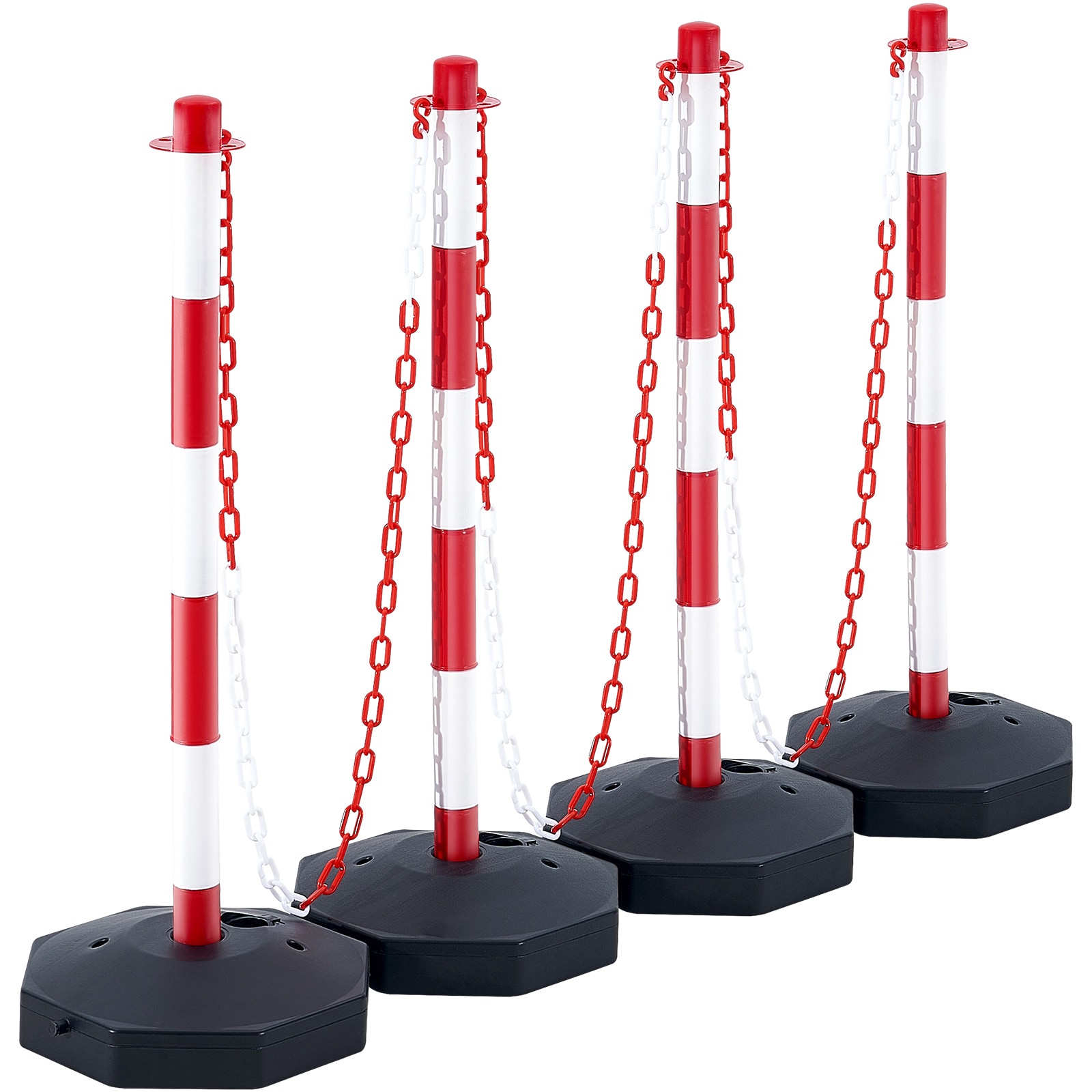 GIVIMO Adjustable Traffic Delineator Post 4-Pack with Fillable Base and 8-ft Chain in Red and White