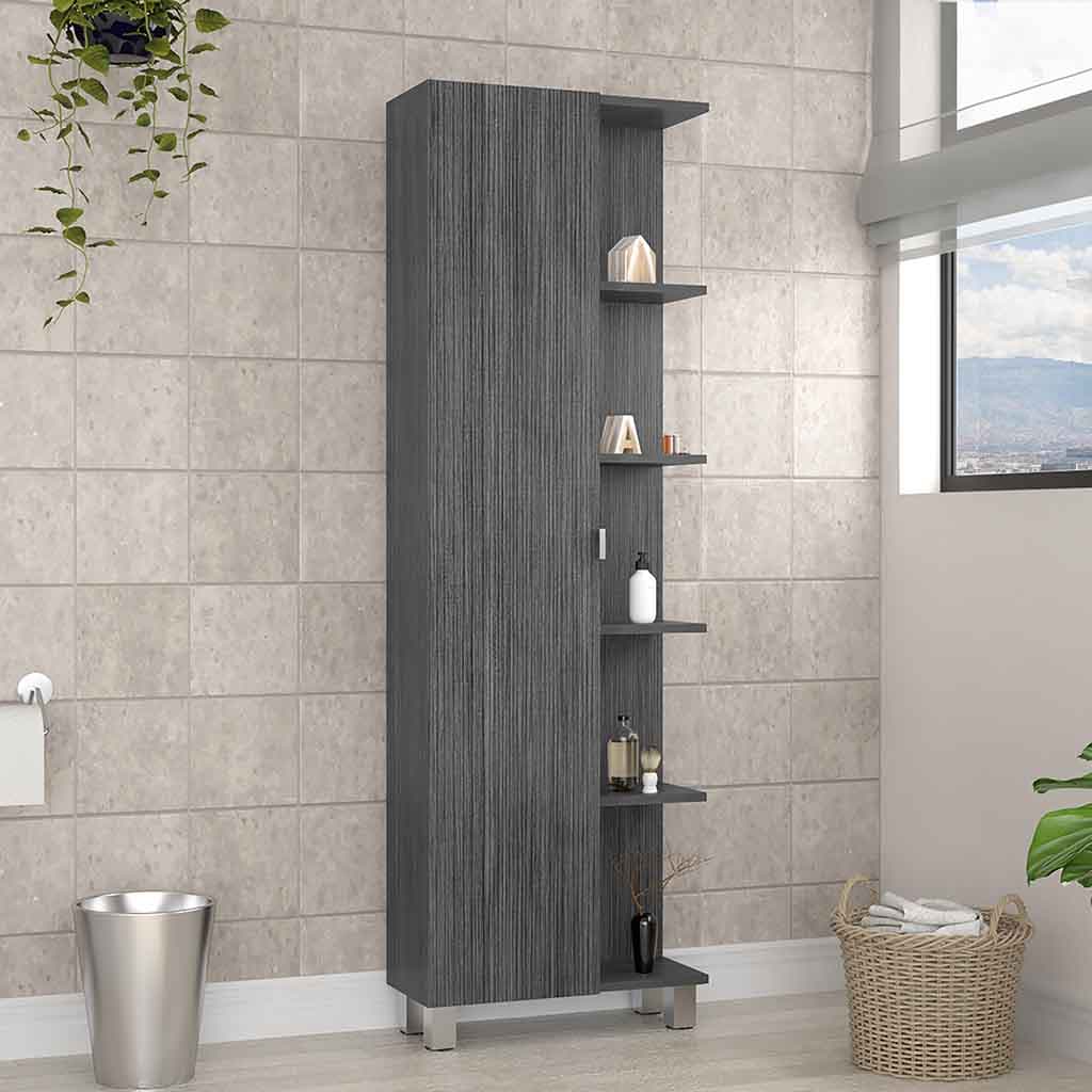 Tahanbath Smokey Oak Corner Cabinet Single Door 5 Open Shelves